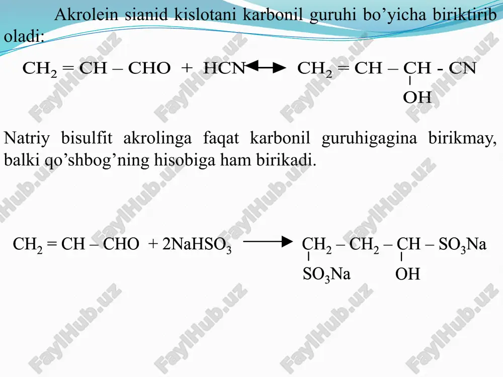 ab beruvchi faol oraliq modda bo’lib xizmat qiladi: bu jarayonda dastlabki modda sifatida aromatik uglevodorodlardan tashqari fenollarning efirlari ham ishlatilshi mumkin. 2. to’yinmagan ketonlar aromatik aldegidlarning yog’ qator ketonlari bilan o’zaro ta’siri natijasida olinishi mumkin: fizik va kimyoviy xususiyatlari. aromatik ketonlar yoqimli gul hidiga ega bo’lgan, suvda erimaydigan suyuq yoki qattiq moddalardir. aromatik ketonlarning reaksiyaga kirishuvchanlik qobilyati yog’ qator ketonlarnikiga qaraganda past. ular yog’ qator ketonlari kirishadigan ayrim reaksiyalarga kirishmaydilar. masalan, aromatik ketonlar natriy-bisulfiti bilan reaksiyaga kirishmaydilar. 1. ko’pchilik aromatik ketonlar vodorod, sianid kislota, fosforning xlorli birikmasi, gidroksilamin, gidrazin va boshqalar bilan yog’ qator ketonlari kabi ta’sir etadilar: aromatik ketoksimlarda ham yog’ qator ketoksimlardagi kabi bekman qayta guruhlanishi katta ahamiyat kasb etadi. bekman qayta guruhlanishi kislota angidridlari va xlor angidridlari ta’sirida boradi. ikki xil (sin - va anti) shakldagi ketoksinlar ikki xil amid hosil qiladilar: 2. aromatik ketonlarga vodorodning birikishi natijasida reaksiya sharoitiga qarab, turli moddalar hosil bo’ladi. ketonlarni natriy …