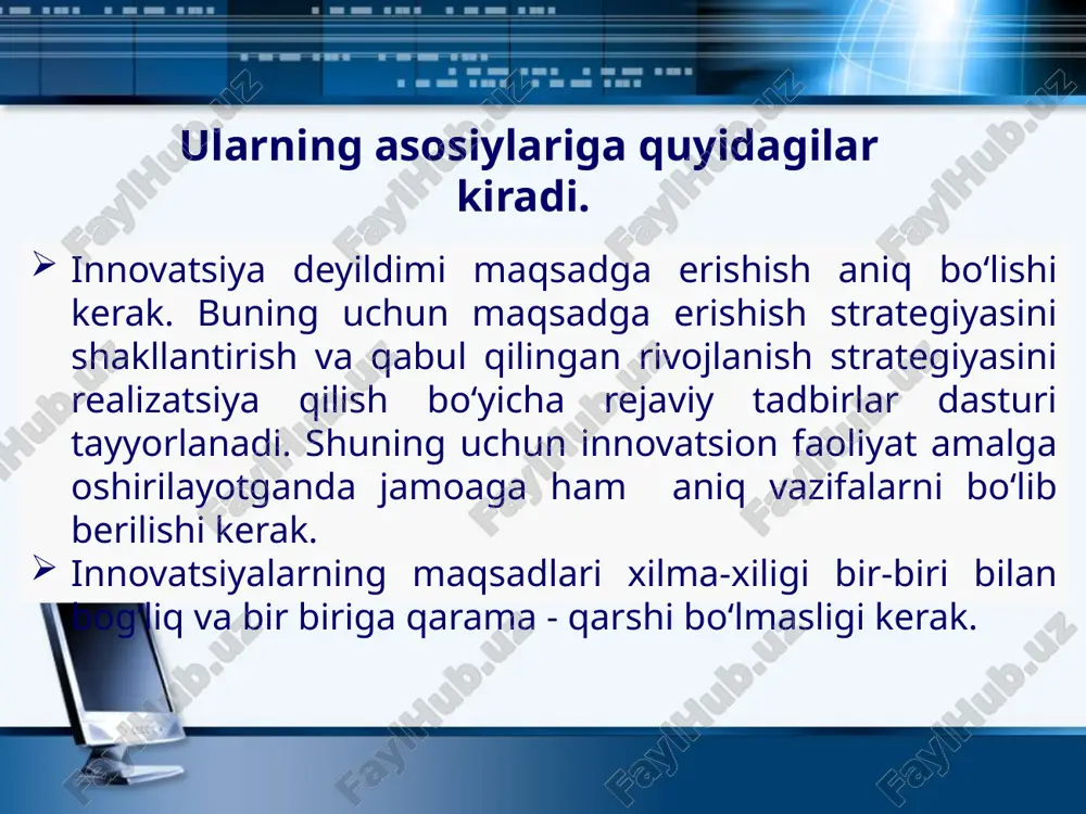 ugungi kunda to’rtta g’oyani atigi bittasi amaliyotga joriy qilinadi. yaponiya korxonalari innovatsiyalarni amaliyotga joriy etishda muvaffaqiyatga erishishning muhim omillari quyudagilar: korxona yuqori boshqaruv bo’g’ini tomonidan yangi g’oyalar qo’llab-quvvatlanishi kerak; muvaffaqiyatli tashkil etilgan tashkiliy strukturaga ega bo’lishi kerak; yangi mahsulotlar bozor talabiga yo’naltirilgan holda ishlab chiqarilishi kerak; yangi mahsulotlarni ishlab chiqarishda qatnashuvchi insonlarning xulq-atvori e’tiborga olinishi kerak; yaratilayotgan yangi mahsulotlar betakror bo’lishi lozim. foydalanilgan adabiyotlar molchanov n.n. innovatsionniy protsess: organizatsiya i marketing. sankt-peterburg., 1995. innovatsionniy menejment, spravochnoe posobie; nauka, sankt-peterburg,1997. zamt p. n, ipatov a. a.. kulagin a. s. innovatsionnaya deyatelnost v usloviyax rin­ka. spb.: nauka, 1994. kotler f. osnovi marketinga. per.s angl. m.: progress, 1992. hafwyww a. d. osnovi organizatsii reklami. m., 1992. statistika nauki i innovatsiy: kratkiy terminologicheskiy slovar / pod red. l. m. goxberga. m.: sisn, 1996. upravlenie issledovaniyami, razrabotaami i innovatsionnimi proektami / pod red. s v valdayseva. spb.: izd. spbgu, 1995. ilenkova s.d. innovatsionniy menejment. m.:- …