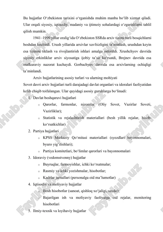 rs jadvali, o‘quv materiallari; · madaniyat vazirligi, kutubxonalar, muzeylar faoliyatiga oid hujjatlar 7. shaxsiy va biografik arxivlar · mahalliy ziyolilar, jamoat arboblari, yozuvchilar x; · repressiya qurbonl 8. fotohujjatlar, kinoxronika, audiofonogrammalar · rasmiy fotosessiyalar va norasmiy lavhalar; · arxiv kinokadrlar (dokfilm, yig‘ilish videoyozuvlari); · audioyozuvlar (intervyu, partiya yig‘ilishlari) bu tasnif arxivchi uchun hujjatning iqtisodiy, siyosiy yoki madaniy ahamiyatiga qarab to‘g‘ri papkaga joylash, ekspertiza qilish va foydalanish qat’iy belgilanishiga xizmat qilgan. hujjatlarni yuritish tizimi: “delo” (papka) modeli “sovet uslubi” deb nomlangan hujjat yuritish mexanizmi asosan — delo tizimi (delo) bo‘lib, uning asosiy xususiyatlari: 1. nomenklatura-reja · har yili tasdiqlanadigan hujjat “klassifikatori” (nomenklatura)ga muvofiq, mavzu bo‘yicha datchik (papka) raqami va nomi beriladi. · masalan, “delo № 12 — buxoro viloyatida mashina-traktor stansiyalari faoliyati” kabi. 2. delo rakami va metama’lumotlari · delo o‘zida hujjatlar ro‘yxati (opis’)ni saqlaydi: har bir pozitsiya nomi, muallifi, sanasi, qisqacha mazmuni. · papka ustida — muassasa nomi, addresse (manzil), …