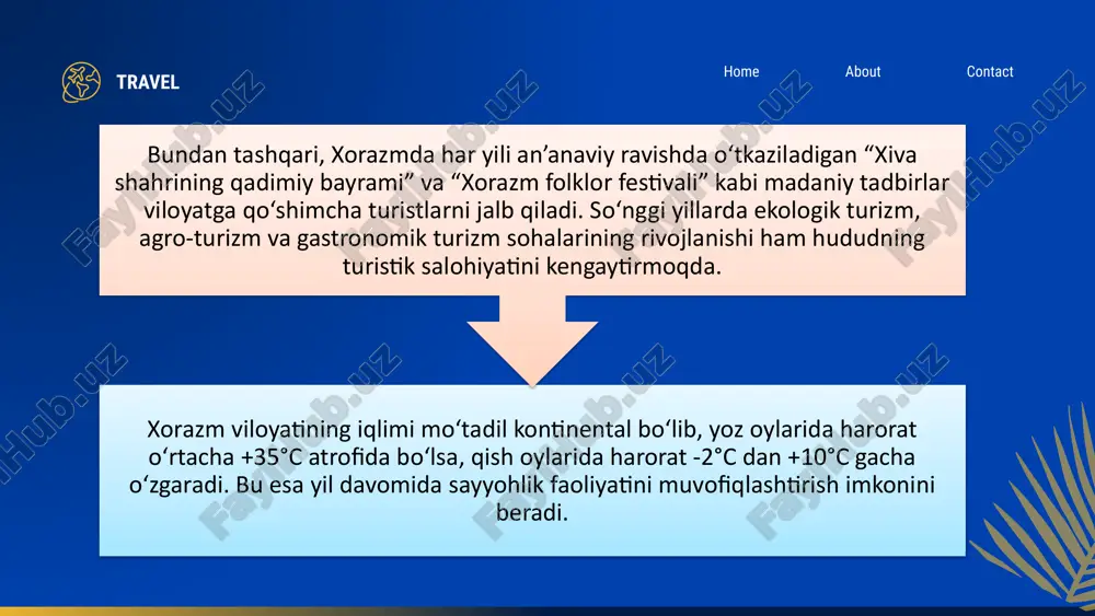 ayyohlik faolligini kamaytirishi mumkin - ekologik va agro-turizmni rivojlantirish - raqobatchi hududlarning (masalan, samarqand, buxoro) sayyohlik sohasidagi o‘sishlari - xalqaro sayyohlarni jalb qilish uchun marketingni kuchaytirish - turizm sohasida xizmat sifatining pasayishi sayyohlarning qoniqmasligiga olib kelishi mumkin - innovatsion texnologiyalarni joriy etish (onlayn bron qilish, mobil ilovalar) - iqlim o‘zgarishlari va ekologik muammolar hududning jozibadorligini pasaytirishi mumkin - mahalliy hunarmandchilik va gastronomik turizmni kengaytirish - ichki siyosiy va iqtisodiy noaniqliklar investitsiya va sayyohlikka salbiy ta’sir ko‘rsatishi mumkin e’tiboringiz uchun rahmat travel home about contact image1.png image2.svg image3.png image4.svg image5.jpeg image6.jpeg image7.jpeg image9.jpeg image10.jpeg image8.jpeg image12.jpeg image13.jpeg image14.jpeg image11.jpeg image16.jpeg image15.jpeg image18.jpeg image19.jpeg image20.jpeg image17.jpeg /docprops/thumbnail.jpeg