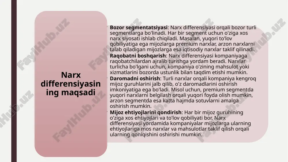 un alohida narx siyosatini ishlab chiqish zarur. narxlarni belgilash narxlar belgilash strategiyasi: kompaniya narxlarni qanday belgilashni aniq rejalashtirishi kerak. bu strategiya mahsulotning qiymatini, xarajatlarni, raqobatchilarning narxlarini va mijozlarning to'lov qobiliyatini hisobga olgan holda ishlab chiqiladi. boshqa kompaniyalar narxlarini tahlil qilish, shuningdek, yuqori va past narxlar o'rtasida to'g'ri balansni topish muhimdir. maxsus takliflar: mijoz segmentlariga qarab, maxsus takliflar, chegirmalar yoki aktsiyalar ishlab chiqish ham mumkin. masalan, premium mijozlar uchun eksklyuziv xizmatlar yoki chegirmalar, talab bo'lmagan davrda esa arzon narxlar taklif etilishi mumkin. kommunikatsiya va marketing marketing kommunikatsiyasi: narx differensiyasi strategiyasi joriy etilganda, kompaniya o'z narx siyosatini mijozlarga samarali tarzda etkazishi kerak. bu orqali mijozlarga narxlar farqi, mahsulotlarning xususiyatlari va qiymat taklifi tushuntiriladi. reklama va brending: narx differensiyasini ommalashtirish uchun reklama va brendning yordamida mahsulot yoki xizmatning ustunliklari va farqlari aks etirilishi zarur. shuningdek, mijozlar uchun qadrlash va qoniqish yaratish uchun yuksak xizmat ko'rsatish darajasiga erishish muhim. narx differensiyasining samaradorligini baholash daromad …