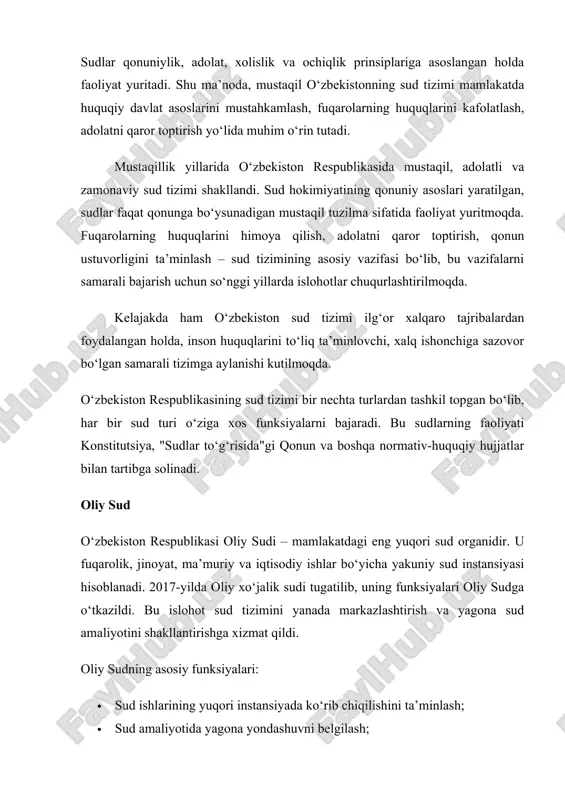 axsus yurisdiktsiyaga ega bo‘lib, xizmatda bo‘lgan harbiy xizmatchilar, ofitserlar va boshqalarning jinoyat yoki nizolarini ko‘rib chiqadi. harbiy sudlarning asosiy vazifalari: · harbiy xizmatchilarga nisbatan jinoyat ishlarini ko‘rib chiqish; · harbiy intizom bilan bog‘liq nizolarni hal qilish; · qurolli kuchlar doirasidagi fuqarolik nizolarini ko‘rib chiqish. ma’muriy sudlar o‘zbekiston respublikasi prezidentining 2017-yildagi farmoni bilan ma’muriy sudlar tashkil etildi. ularning asosiy vazifasi – davlat organlari va fuqarolar o‘rtasidagi nizolarni hal qilishdan iborat. ma’muriy sudlar quyidagi ishlarni ko‘rib chiqadi: · davlat organlarining qarorlaridan norozi fuqarolarning shikoyatlari; · soliq, bojxona, litsenziyalash, davlat xizmatlari bilan bog‘liq nizolar; · fuqarolarning konstitutsiyaviy huquqlari buzilgan holatlardagi arizalar. ma’muriy sudlar davlat boshqaruvining qonuniyligini ta’minlashda, byurokratik to‘siqlarning oldini olishda muhim rol o‘ynaydi. iqtisodiy sudlar iqtisodiy sudlar – yuridik shaxslar va tadbirkorlar o‘rtasidagi nizolarni ko‘rib chiqishga ixtisoslashgan. ular 2020-yilga qadar mustaqil bo‘lgan, hozirda oliy sud tarkibida faoliyat yuritmoqda. ularning vazifalari quyidagilardan iborat: · tadbirkorlik subyektlari o‘rtasidagi shartnomaviy nizolarni hal etish; · soliq …