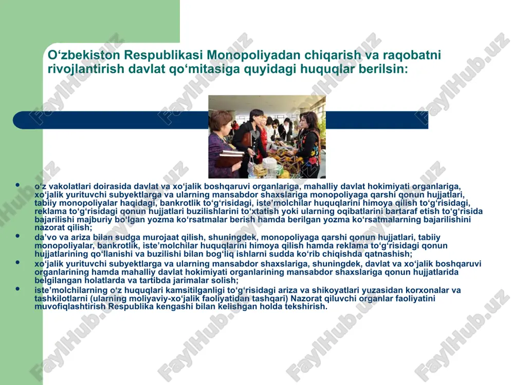 rkin raqobat muhitini yangidan yaratishga emas, balki uni saqlab qolishga, kezi kelganda qaytadan tiklashga, raqobatning madaniylashgan usullarini qaror toptirishga qaratiladi. davlatning xususiy monopoliyalarni jilovlashga qaratilgan tadbiri 1890 yilda aqshda qabul qilingan «sherman qonuni» bo’lib, u tarixda antitrest qonuni deb nom olgan. bozordagi vaziyat tez o’zgarib turadi. uning hisobini nazorat qilib turish qiyin kechadi. shu boisdan antimonopol qonunlar o’zining noaniqligi bilan ajralib turadi. raqobatni cheklash borasida konkret ahvol shundayki, bu qonunlarni keng talqin qilishga to’g’ri keladi. antimonopol qonunlarni qabul qilish va hayotga tatbiq qilish bozor munosabatlariga o’tayotgan har bir mamlakat uchun hayotiy zaruriyatdir. chunki erkin raqobatga yo’l bermay turib, bozorni shakllantirib bo’lmaydi. shu maqsadda o’zbekistonda 1992 yilda monopolizmga qarshi kurash qonunchiligiga asos solindi. shu yili respublikamizda monopolistik faoliyatni cheklash to’g’risidagi qonun qabul qilindi. qonunni buzganlar raqibiga etkazgan zararni qoplashlari, jarima to’lashlari shart. ular g’irromlik bilan olingan foydadan mahrum etiladi. bu qonun raqobatchilik tizimiga xizmat qiladi. xo’sh, bu qonunning amal qilishi qanday …
