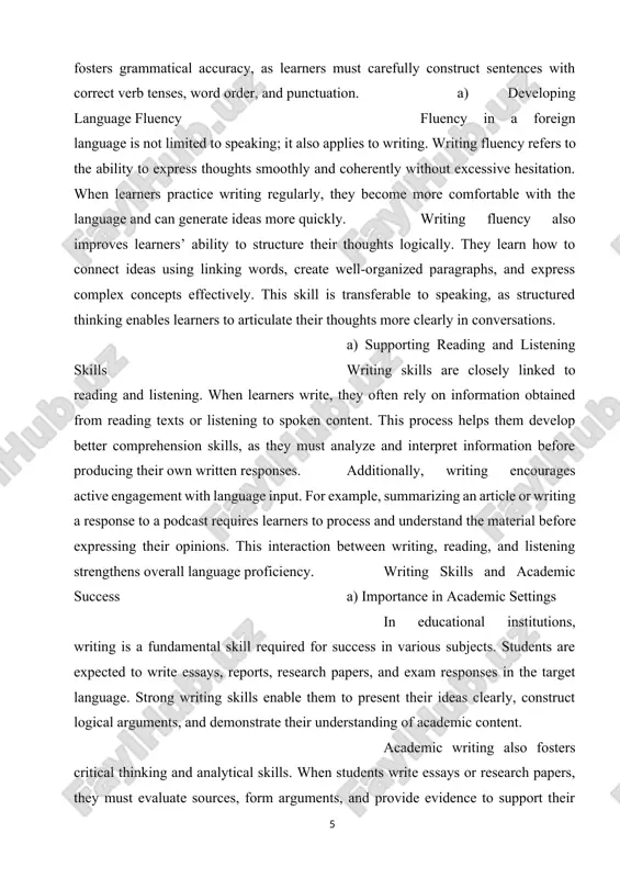 arners’ ability to produce well-structured essays, summaries, and reports under timed conditions. strong writing skills are crucial for achieving high scores on these exams, as they demonstrate the ability to communicate effectively in academic and professional contexts. writing in professional and everyday communication: a) importance in the workplace writing proficiency is highly valued in the professional world. many jobs require employees to write emails, reports, proposals, and presentations in a foreign language. effective written communication ensures clarity, professionalism, and efficiency in the workplace. employers seek candidates with strong writing skills because clear and concise writing reflects professionalism and competence. whether writing business correspondence, project reports, or marketing content, employees must be able to convey their ideas effectively. poor writing can lead to misunderstandings, delays, and even damage to a company’s reputation. a) digital communication and social media in the digital age, writing is a primary mode of communication. people use …