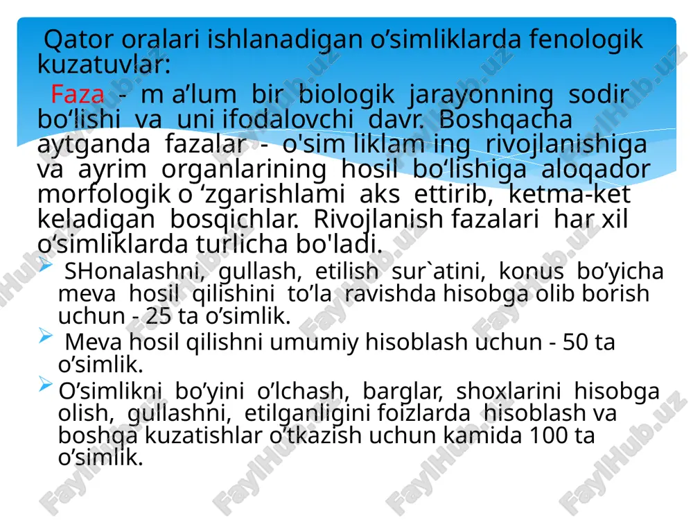 boshlanganda to’xtaydi. bu davr ham 20-25 kun davom etadi. boshoqlanish - nay o'rash davrida boshlanadi. davrning boshlanishi yuqorigi barg qinidan gul tuplamning yarmi ko'rinishi bilan qayd qilinadi. boshoqning to'g'ri shakllanishi, rivojlanishi tuplanish va nay o'rash davridagi oziqlantirishga bog'liq, azot bilanfosforni nisbati to'g'ri bo'lishi lozim. bu davr o'rtacha sutkalik harorat 12,2-14,5°c vao'rtacha sutkalik harorat yig'indisi 625-769°c bo'lganda 10-15 kun davom etadi. gullash - odatda boshoq tortgandan keyin gullash boshlanadi, o'rtacha 2-3 kun farq bilan. gul qipig’ini ochilishi va ularning tashqarisidan changdonlaming paydo bo’lishi. gul qipig'i - boshoqli 0‘simliklarning har bir guli urug‘chi va changchilardan hamda ularni o‘rab turgan ustki va ostki ikkita qipiqchadan iborat bo’ladi. gullash davridan don ekinlari yorug'likka, haroratga, namlikka talabchan bo'ladi. bu davr 10-15 kun davom etadi pishish. don ekinlaridan mevaning pishishini n.n.kuleshov uch davrga bo’ladi: donning shakllanishi, donning to'lishi va pishishi. donning shakllanishi gul changlangandan keyin boshlanadi. bu davrda 1000 ta don vazni 8-12 g bo'ladi. donning …