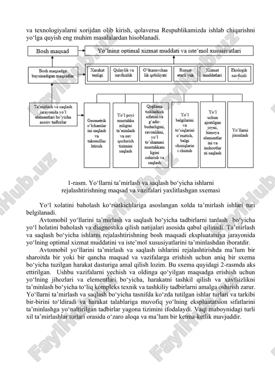 ti haqida manfaatdor tashkilotlarni va harakat ishtirokchilarini o‘z vaqtida xabardor qilish; 1. yo‘l va uning inshootlarini texnik hisobga olish va pasportlashtirish, harakatni hisobga olish, yo‘l va ko‘priklar holati haqida ma’lumotlarning avtomatlashgan bazasini, axborotqidiruv va boshqa avtomatlashgan tizimlarni tashkil qilish va rivojlantirish; 1. yo‘l tashkilotlari va avtomobil yo‘llaridagi tezkor aloqa barcha vositalarini, avtomatika, telemexanika va hisoblash texnikalarini doimiy sozligini saqlash, ushbu vositalarni takomillashtirish, harakatni avtomatik boshqarish uchun ularning qo‘llanilishini kengaytirish; 1. yo‘llarni muhandislik va arxitekturabadiiy jihozlash loyihasiga topshiriqlar tayyorlash, obodonlashtirish, arxitekturabadiiy bezash, manzaraviy va qordan, qumdan himoyalovchi ko‘kalamzorlashtirish; 1. avtomobil yo‘llarini o‘z vaqtida ta’mirlash va saqlash ishlarini tashkil qilishga mo‘ljallangan binolarni, inshootlarni, mashinalarni, transport vositalarini va boshqa asosiy fondlarni samarali ishlatilishini ta’minlash; 1. yo‘llarni ta’mirlash va saqlash ishlari sifatini oshirish va bahosini pasaytirish bo‘yicha tadbirlarni ishlab chiqish va amalga oshirish, buning uchun yangi fan va texnika yutuqlarini hamda ilg‘or tajribalarni, zamonaviy texnologiyalarni, mahalliy qurilish materiallarini qo‘llash, ishlab chiqarish jarayonlarini avtomatlashtirish va …