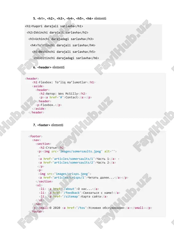 ma ekanligini qanday foydalanish kerakligini tushunib olamiz. web ilova yaratish mobaynida kodni oson va qulay yozish uchun kutubxonalar yaratilgan. masalan html css va javascript uchun kutubxonalari mavjuddir. bu kutubxonalar jamlanmasi esa bootstrap texnologiyasini tashkil qiladi.  bootstrap tez va oson veb-ishlab chiqish uchun bepul oldingi asos hisoblanadi  bootstrap tipografiya, shakllar, tugmalar, jadvallar, navigatsiya, modalliklar, tasvirlar karusellari va boshqalar uchun html va css-ga asoslangan dizaynlashtirilgan andozalar, shuningdek ixtiyoriy javascript-ni plaginlari  bootstrap, sizga osonlik bilan javob beruvchi dizaynlarni yaratish qobiliyatini beradi bugungi kunda internetda eng mashxur kutubxonalardan biri hisoblanmish bootstrap asosiy maqsadlaridan biri web-ilovalarini nafaqat kompyuterda balki mobil ko’rinishda o’zining shaklini o’zgartirmaslikni hisobga olgan. nazorat savollari 1. html5 elementlari? 2. html5 ni bootstrap bilan ishlash qoidalari