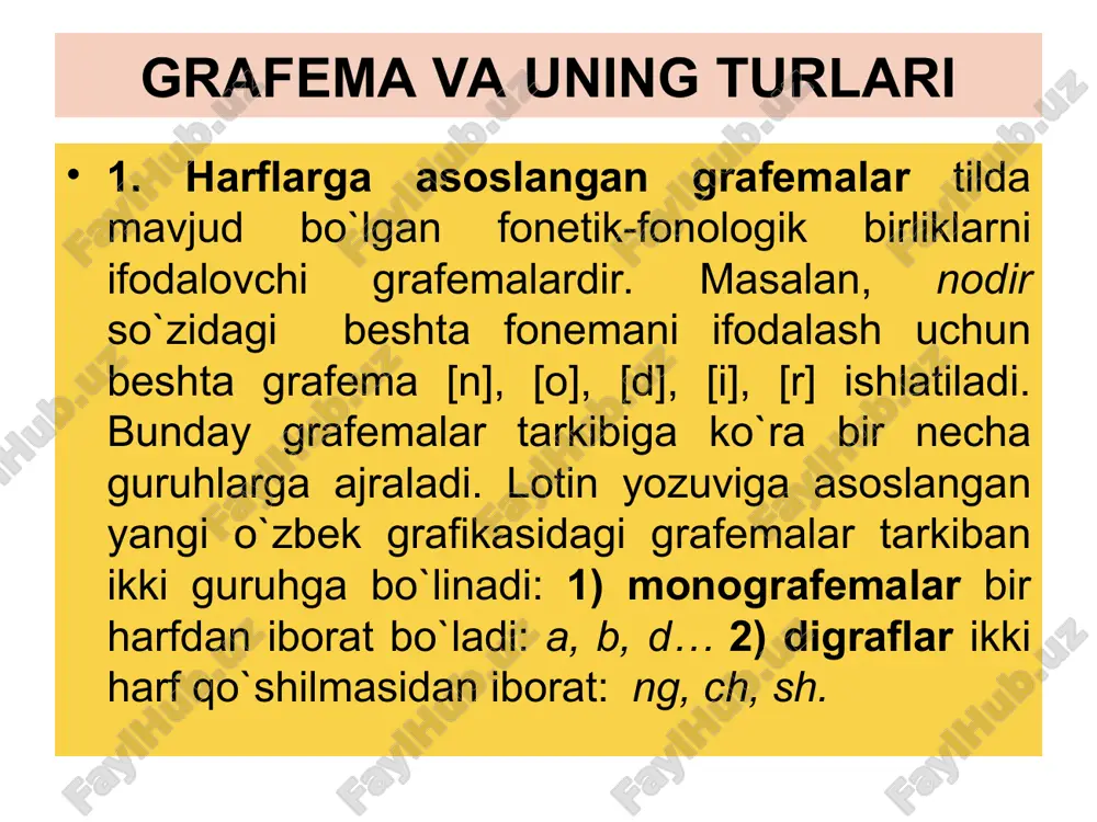 -65-bandlar) 6. bosh harflar imlosi (66-74-bandlar) 7. ko‘chirish qoidalari (75-82-bandlar) to‘g‘ri talaffuz qoidalarining yig‘indisi orfoepiya (grekcha: orphos – to‘g‘ri, epos – nutq) deb yuritiladi. to‘g‘ri talaffuz, avvalo, shaxsning madaniy yetukligidan dalolat beradi. talaffuz me’yorlari deganda ma’lum bir qonun-qoidalarga amal qilib so‘zlash tushuniladi. orfoepiya haqida ma’lumot unlilar orfoepiyasi aa unlisi savob, zamon singari so‘zlarda o kabi, muomala, munosabat, muhokama kabi so‘zlarda i kabi talaffuz qilinadi. oo unlisi tonna, noyabr so‘zlarida o‘ kabi talaffuz qilinadi. ii unlisi bir, sira so‘zlarida qisqa, ilm, muhim, doir so‘zlarida cho‘ziq, q, x, g‘ tovushlaridan keyin kelganda ruscha i tovushiga yaqin talaffuz qilinadi. mix, tig‘, xil kabi so‘zlardagi i tovushi esa e tovushiga yaqin aytiladi. unlilar orfoepiyasi u unlisi kuch, tutun kabi so‘zlarda qisqa, uyg‘ur, yozuv so‘zlarida cho‘ziq va torroq talaffuz qilinadi. o‘o‘ unlisi o‘tin, o‘roq, to‘liq kabi so‘zlarda keng, o‘rik, ko‘lmak kabi so‘zlarda esa torroq talaffuz qilinadi. ee unlisi feruz, dehqon, telefon, adres so‘zlarida i tovushiga …