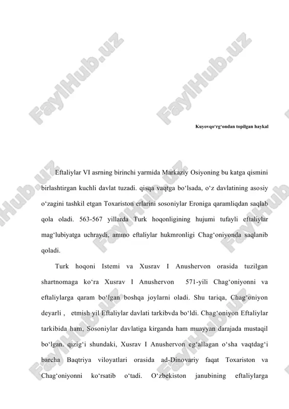 r. qoon tun yobg‘u davrida (618-630) toxariston uzilkesil turklarga qaram bo‘ladi. turkiy qabilalar toxaristonga, ayniqsa uning shimoliy qismiga ko‘plab kirib borganlar. mazkur jarayonlar yuz bergan vaqtda surxon vohasi toxaristonning shimolig‘arbiy qismini tashkil etgan. xitoy manbalarida (syuan szyan, xoy chao tafsilotlarida, vii-viii asrlar) shimoli-g‘arbiy toxariston yerlarida termiz va chag‘oniyon mulkliklari mavjudligi tilga olib o‘tiladi. termiz amudaryoning o‘ng qirg‘og‘idagi erlarni va hozirgi angor, jarqo‘rg‘on tumanlarini o‘z ichiga olgan. chag‘oniyon esa chag‘onrud (qizildaryo) daryosining yuqori havzasidagi erlarni, hisor va bobotog‘ tog‘ oldi maydonlarini o‘z tarkibiga olg‘an. mulkchilikning markaziy shahri budrachtepa o‘rnpda joylashgan. shuningdek, bu davrda kuftan mulkligi ham bo‘lib (bu arxeologik dalillarga ko‘ra, sherrbod vohasiga to‘g‘ri keladi), uning poytaxgti xushvara deb atalgan. vii asr o‘rtalarida xurosonni istilo qilishni tugallagan arablar toxariston erlariga ham harbiy harakatlarini boshlaydilar. 651-yilda arablar bilan bo‘lgan jangda chag‘oniyonliklar ham ishtirok etadilar. 652-yil boshida xuroson noibi abdulloh ibn amir chag‘oniyonni egallashga muvaffaq bo‘ladi. 676-yidda xuroson noibi said ibn usmon termizni …