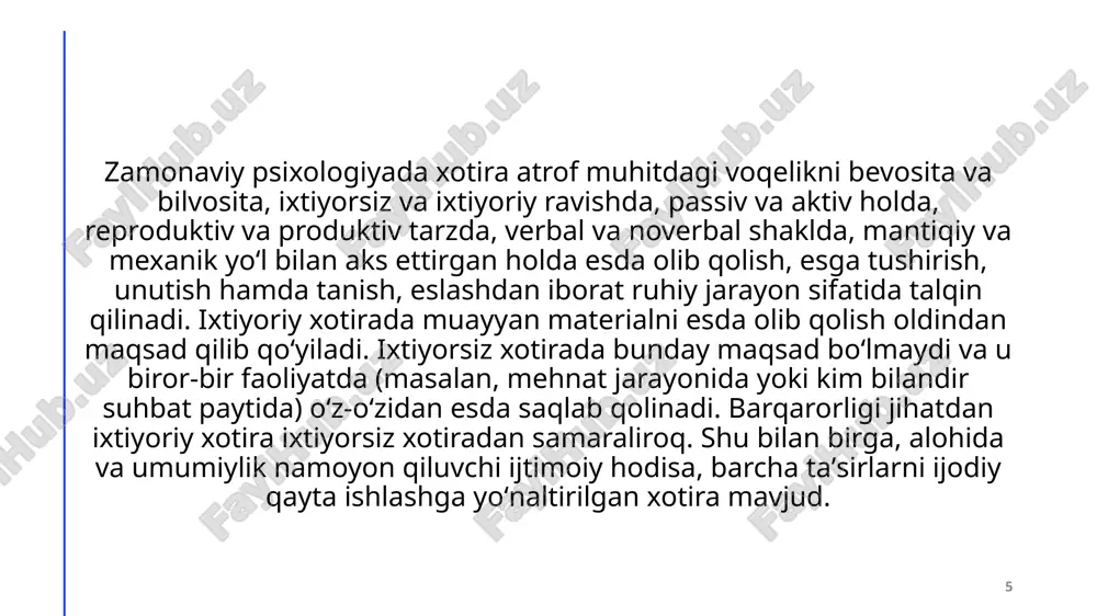 asosiy mexanizmlari 1.ma'lumotlarni saqlash va qayta ishlash: operativ xotira ma'lumotlarni tezkor ravishda saqlash va ulardan foydalanish uchun mo'ljallangan. bu jarayon individning diqqatini va kognitiv qobiliyatlarini jalb qiladi, natijada ma'lumotga ishlov berish jarayoni samaradorligi oshadi. 2.diqqat va konsentratsiya: operativ xotira diqqatning o'zgarishi bilan bog'liqdir. insonning e'tibori ma'lum bir ma'lumotga qaratilganda, operativ xotira samaradorligi ortadi. ushbu jarayon ma'lumotlarning uzluksiz yangilanishini ta'minlaydi. 3.yana eslash va tajriba: operativ xotira ma'lumotlarni eslab qolishdagi rolini ta'kidlaydi. tajriba va repetitsiya orqali yangi ma'lumotlar operativ xotiradagi saqlash jarayonini mustahkamlashga yordam beradi. 14 15 foydalanilgan adabiyotlar: g.djabbarova,z.matova,u.yusupova,i.karimova,s.mirzakulov “oliy nerv faoliyati va markaziy nerv sistemasi fiziologiyasi” 16 17 image1.png image2.png