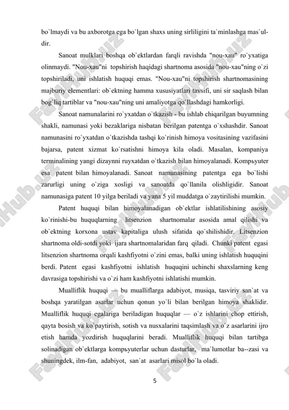 uallifligini tasdiqlovchi hujjat sanaladi va uni ishlatishga huquq beradi. savdo markalari va tovar belgisi. savdo markalari (masalan: nestle, adi-das) yoki savdo namunalari (koka-kola) kompaniyalar tomonidan mahsulot yoki xiz-mat uchun berilgan nomlar yoki identifikatsiyani aniqlovchi boshqa ramzlar ular egalik qilishni asosli ravishda olib borish uchun ruyxatdan o`tkazilishi mumkin. ruyxatdan o`tkazilgan savdo markalari va savdo namunalarini keyingi yillarga ham muddatni uzaytirish yo`li bilan xizmat muddatini yangilab turish mumkin. bu holda nomlar, ramzlar yoki mahsulot identifikatsiyasini belgilovchi boshqa ramz-lar huquqiy hisoblanadi. franchayzing — ma`lum bir formula, texnologiya yoki tashqi ko`rinishini qo`llash bo`yicha o`ziga xos huquq. franchayzing (masalan: kabel televideniyasi kom-paniyasi) odatda hukumat organlari tomonidan davlat mulkidan foydalanish hu-quqiga egalik qilish yoki kommunal xizmat ko`rsatish (elektromontaj) uchun va xo`-jalik sub`ektlari tomonidan aniq bir ishlar va aniq xizmatlardan foy-dalanish huquqi bilan egalik qilish uchun taqdim qilinadi. franchayzing to`g`risidagi har bir kontrakt uning amalda bo`lish davrini, shuningdek franchayzer (foydalanish huquqiga imkon beruvchi sub`ekt)ning hamda franchayzi (bu …