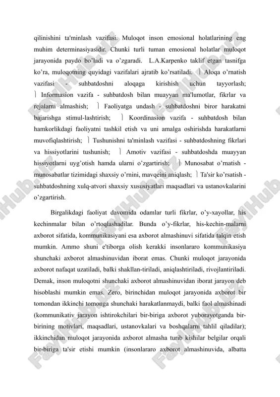 ashinuvida, albatta suhbatdosh xulq-atvoriga muayyan ta'sir o’tkaziladi); uchinchidan muloqot jarayonida kommunikator (axborot yuboryotgan odam) va resipient (axborotni qabul qilayotgan odam) bir xil kodlashtirish tizimiga ega bo’lishi kerak, to’rtinchidan muloqot jarayonida faqat insonlararo kommunikasiyaga xos to’siqlar vujudga kelishi mumkin. kommunikativ jarayonda qo’llaniladigan bir necha belgilar tizimi mavjud. ular verbal kommunikasiya (nutq orqali) va noverbal (nutq bilan bog’liq bo’lmaydigan belgilar orqali) kommunikasiyadir. verbal kommunikasiya. inson nutqi belgilar tizimi sifatida qo’llaniladi. nutq - inson tomonidan qo’llaniladigan tovush signallari yoki yozma belgilardan iborat bo’lib, ular orqali muloqotdan olingan ma'lumot qayta ishlanadi, saqlanadi va uzatiladi. u jarayon til orqali amalga oshiriladi. til so’z belgilari tizimi bo’lib, u muloqot jarayonida psixik faoliyat mahsuli bo’lib yuzaga keladi. til muomala vositasidir. til muomalaga kirishuvchilar o’rtasidagi kommunikasiyani ta'minlaydi, chunki uni axborot beruvchi ham, uni qabul qiluvchi ham birday tushunadi. boshqa kishiga axborot beruvchi (kommunikator) va uni qabul qiluvchi (resipient) muloqot jarayonida bir xil tildan foydalanishi kerak, aks holda bir-birini …