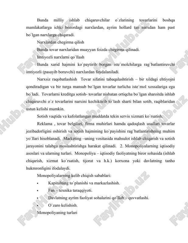ro`yxatga olish, huquqiy jihatdan himoya qilish va ulardan foydalanish bo`yicha paydo bo`lgan munosabatlarni qonuniy tarzda tartibga solish shakli. sun`iy monpoliyalar - ishlab chiqarish va kapitalning to`planishi hamda korxonalarning turli yo`llar bilan birlashtirish natijasida vujudga keladi. · kartel – bir tarmoq korxonalarining ittifoqi bo`lib, uning ishtirokchilari to`liq iqtisodiy mustaqilligini saqlab qoladi, faqat ishlab chiqarish hajmi, sotish bozorlari va baholari to`g`risida kelishib oladi. · sindikat – bir turdagi mahsulot ishlab chiqaruvchi korxonalar birlashmasi bo`lib, uning a`zolari ishlab chiqarish sohasida mustaqilligini saqlab qoladi, mahsulot esa sindikat mulki sifatida sotiladi. · trest – ishlab chiqarish vositalari va mahsulotga birgalikda egalik qiluvchi korxonalar guruhi bo`lib foyda qo`shilgan kapital hajmiga qarab taqsimlanadi. · konsorsium – tadbirkorlarning yirik moliyaviy operatsiyalarini birgalikda amalga oshirish maqsadida birlashuvi .) · konsern – rasmiy jihatdan mustaqil bo`lgan, ko`p tarmoqli korxonalar (sanoat, savdo, transport va bank kabi turli soha korxonalarning ) majmuini o`z ichga oluvch birlashma. davlatning antimonopol siyosati – monopoliyalar faoliyatini …
