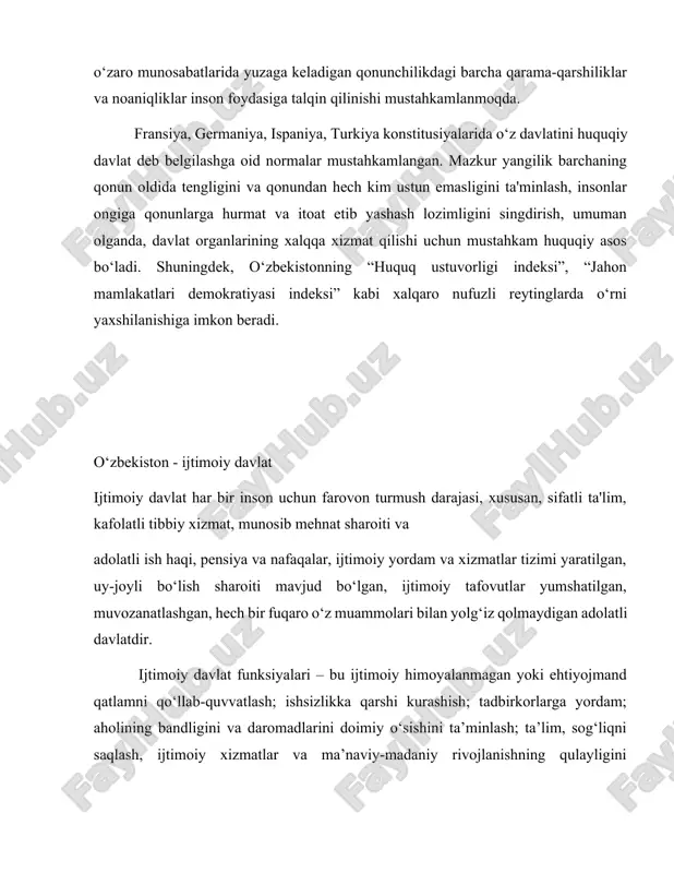 darajasida mustahkamlandi. uchinchidan, fuqarolarning kafolatlangan tibbiy yordamga bo‘lgan huquqlari belgilanmoqda va davlatning ta'limning barcha shakllariga g‘amxo‘rlik qilishi, inklyuziv ta'limni ta'minlashi, o‘qituvchining maqomiga oid normalar mustahkamlandi. to‘rtinchidan, ijtimoiy davlatning asosiy vazifasi sifatida barcha uchun teng imkoniyatlar, oilalar, bolalar, ayollar, qariyalar, nogironligi bo‘lgan shaxslarni har tomonlama qo‘llab-quvvatlashga oid yangi qoidalar o‘rnatildi. shuningdek, vazirlar mahkamasining ijtimoiy davlat tamoyilini amalga oshirishga qaratilgan yangi vazifa va vakolatlari belgilandi. umuman olganda, yangi tahrirdagi konstitusiyamizda davlatning ijtimoiy majburiyatlari uch baravardan ortiqqa ko‘payturildi. ijtimoiy davlat prinsiplari germaniya, fransiya,ispaniya, xorvatiya, turkiya va boshqa bir qator davlatlar konstitusiyalarida mustahkamlangan. o‘zbekistonni ijtimoiy davlat deb belgilash –ta'lim, sog‘liqni saqlash, ijtimoiy xizmatlar va jamiyatdagi ijtimoiy tengsizlikni yumshatish, ayniqsa, ijtimoiy himoyalanmagan yoki ehtiyojmand qatlamni qo‘llab-quvvatlash orqali ularga munosib turmush sharoitini yaratishga xizmat qiladi. dunyoviy davlat – diniy tashkilotlar va birlashmalar davlatdan ajratilgan, davlat boshqaruvi diniy qoidalar bilan emas, konstitusiya va qonunchilik hujjatlari bilan tartibga solinadigan davlat hisoblanadi. dunyoviy davlat vijdon va e’tiqod erkinligining mavjudligi …
