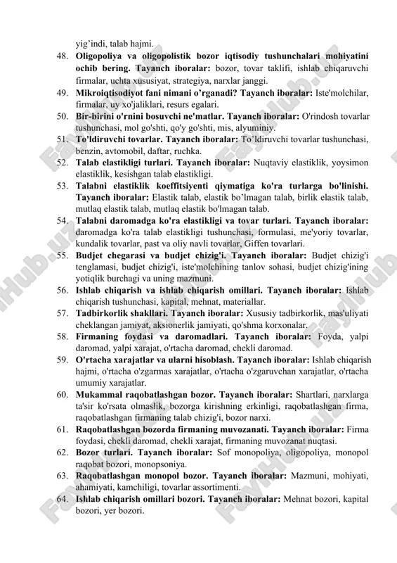 shunchasi, bitta hodisani har xil insonlar, har xil qiymatdagi ehtimol, ob’ektiv ehtimol, sub’ektiv ehtimol. 37. raqobatlashgan bozor nima? firma daromadlari nima va u qanday hisoblanadi? tayanch so‘z va iboralar: raqobat, mukammal raqobat, nullashgan foyda, narx, muvozanat, umumiy daromad, o‘rtacha daromad. 38. talab qonuni. tayanch iboralar: talab tushunchasi, talab qonunining mazmuni. 39. taklif qonuni. tayanch iboralar: taklif tushunchasi, taklif qonunining mazmuni. 40. talab tushunchasi va uning hajmiga ta`sir qiluvchi omillar. tayanch iboralar: iste`molchi didi, soni, daromadi, narx va boshqalar. 41. taklif tushunchasi va uning hajmiga ta`sir qiluvchi omillar. tayanch iboralar: bozor baholari, resurslar bahosi va unumdorligi, soliqlar darajasi, ishlab chiqaruvchilar soni, resurslarni o`rnini bosuvchanligi, inflyatsion kutilish. 42. talab va taklifning o`zgaruvchanligi. tayanch iboralar: talab va taklifning bahosi, daromad hamda boshqa omillari bo`yicha o`zgaruvchanligi, talab va taklif egri chizig`i. 43. talab va taklifning mos kelishi. bozor muvozanati. tayanch iboralar: muvozanatli baho va ishlab chiqarishning muvozanatli hajmi, xususiy va umumiy muvozanatlik, bozor muvozanatining …