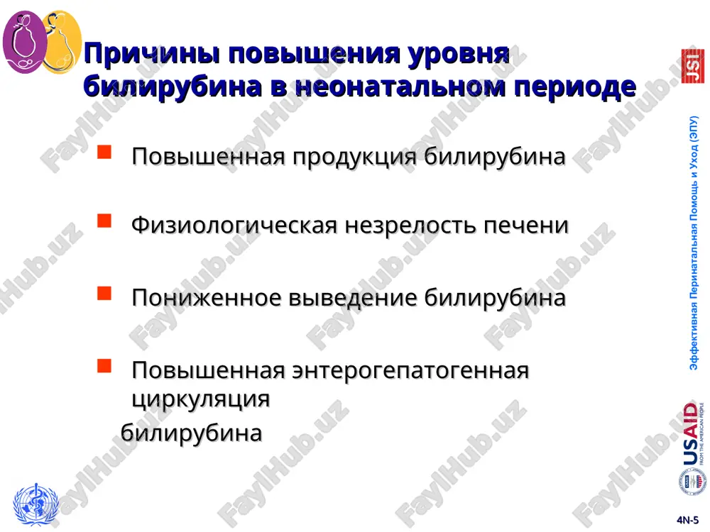 ya znachitelnoy jeltuxi (shkala bhutani) postnatalniy vozrast, chasi zona visokogo riska zona nizkogo riska obshiy bilirubin sivorotki krovi, mg/dl 1 - zona visokogo promejutochnogo riska 2 - zona nizkogo promejutochnogo riska. * 4n-* vypiska i vizit vypiska uvidet do24 72 24-48 96 48-72 120 do 48 24-72, 72-120 4n-* kriterii dlya perevoda rebenka na tretiy uroven ili dlya povtornoy gospitalizatsii provedenie obmennoy transfuzii uxudshenie klinicheskogo sostoyaniya rebenka s jeltuxoy opredelenie fraktsii pryamogo bilirubina bolee 34 mkmol/l (bolee 20% ot urovnya obs) uvelichenie pecheni i/ili selezenki nalichie temnoy mochi i/ili obestsvechennogo stula rasprostranenie jeltushnogo okrashivaniya na podoshvi i stopi * 4n-* zaklyuchenie (1) kajdiy novorojdenniy rebenok nujdaetsya v nablyudenii s tselyu rannego viyavleniya jeltuxi viyavlennaya jeltuxa doljna bit differentsirovana kak fiziologicheskaya ili patologicheskaya jeltuxa, proyavivshayasya v pervie 24 chasa jizni, vsegda yavlyaetsya patologicheskoy u kajdogo rebenka s jeltuxoy neobxodimo nablyudat za klinicheskim sostoyaniem i otsenivat risk razvitiya «opasnoy» giperbilirubinemii fototerapiya yavlyaetsya …