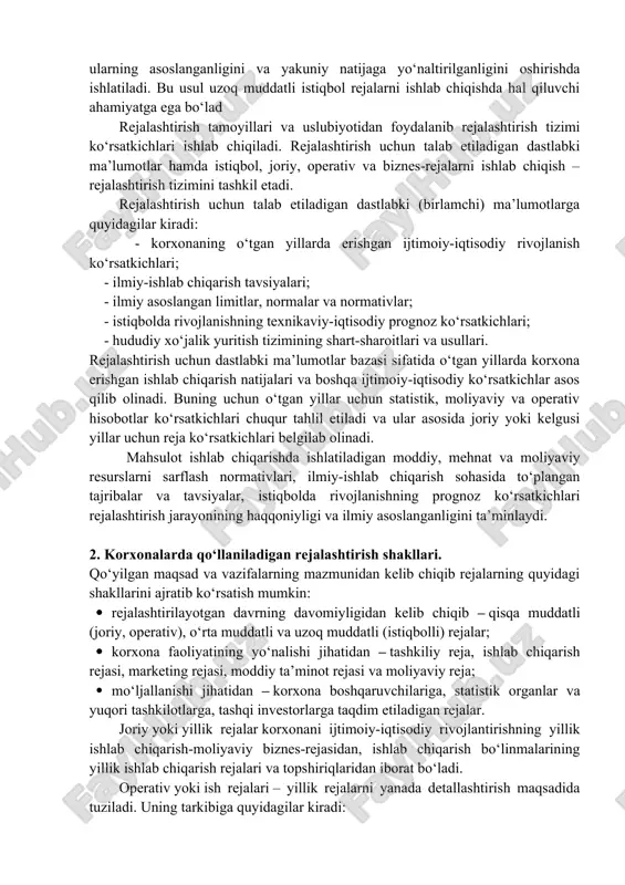 ‘yicha mehnat sarfi me’yorlari va boshqalar; e) ishlab chiqarish jarayonlarining tashkil etilishi – ta’mirlash uchun sarflanadigan vaqt sarfi, zahiralar, xom ashyo, materiallar, yonilg’i-moylash materiallari qoldiqlari me’yorlari va boshqalar; f) mahsulot sifati ; g) kapital qo‘yilma ajratmalari; h) ishlab chiqarish xarajatlari, rentabellik darajasi va hokazo. · hisob-variantli usul. bu usulning mohiyati shundan iboratki, rejaning turli bo‘limlarini ishlab chiqishda ishlab chiqarish tarmoqlarini bog’lashning, ekin maydonlari tarkibining, chorva mollarini oziqlantirish ratsionining, ishlab chiqarish jarayonini mexanizatsiyalshtirishning turli variantlari ishlab chiqiladi. reja variantlarni talashda ikki guruh ko‘rsatkichlardan foydalaniladi: birinchisi – mahsulot miqdori va sotish hajmi; ikkinchisi –ishlab chiqarishning iqtisodiy samaradorligi (mehnat unumdorligi, mahsulot tannarxi, rentabellik darajasi va hokazo). ishlab chiqilgan reja variantlari orasidan eng maqbuli tanlab olinadi. · iqtisodiy-matematik usul. reja-iqtisodiy ma’lumotlarni qayta ishlash, reja topshiriqlarining optimal variantlarini iqtisodiy-matematik usullar va kompyuter texnologiyalarini larni qo‘llamasdan aniqlab bo‘lmaydi. ushbu usul rejaning eng maqsadga muvofiq (optimal) variantlarini aniqlashda, iqtisodiy, tashkiliy hamda texnik jarayonlarni optimallashtirishda keng foydalaniladi. iqtisodiy-matematik …