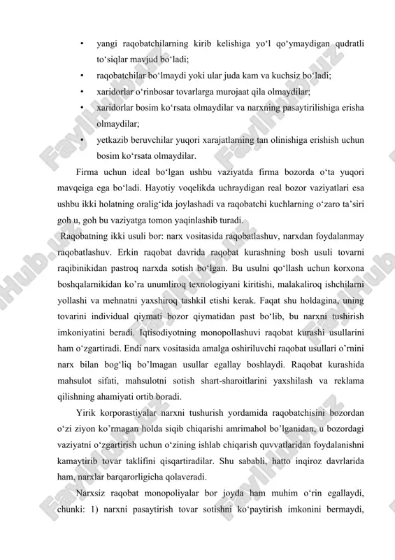 irish imkonini bermaydi, chunki raqib ham narxni pasaytirishya mumkin, bundan hech kim yutmaydi. bas, shunday ekan, tovar sifatini oshirish, savdo xizmatini yaxshilash yo‘liga o’tiladi, bu bilan tovar sotishni ko‘paytirish mumkin; 2) yirik firmalar kuchli bo‘lganligi sababli mahsulotyai yangilash, uni modernizastiyalash va reklamaga katta pul sarflay oladilar. narx bilan bog‘liq bo‘lmagan raqobat usullarining qo‘llanishi o‘zaro kurashda narxdan foydalanilmaydi degan gap emas. u ko‘proq yashirin tus olmoqda, ya’ni tovarlar e’lon qilingan narxlardan arzonga sotiladi, bundan boshqalar ogoh etilmaydi. bu, ayniqsa, mavsumiy tovarlar sotishda qo‘llanadi. narx vositasidagi raqobat jahon bozoriga ham kirib borgan. u yerda narx bilan raqobat qilish po‘lat, gazlama, elektronika, kimyoviy va qishloq xo‘jalik mahsulotlari bozorlariga xosdir. raqobatli afzallikka erishishning yo‘llaridan biri tovarni muvaffaqiyatli differentsiatsiyalash bo‘lsa, ikkinchi yo‘l - unumdorlikni yaxshilash va xarajatlarni to‘g‘ri boshqarish vositasida xarajatlar bo‘yicha afzallikka erishishdir. xarajatlarni kamaytirishning bir necha yo‘llari bor bo‘lib, ulardan biri shuki, qo‘l mehnatidan ko‘p foydalaniladigan sohalarda, ya’ni qo‘shilgan qiymat jami xarajatlarning katta …