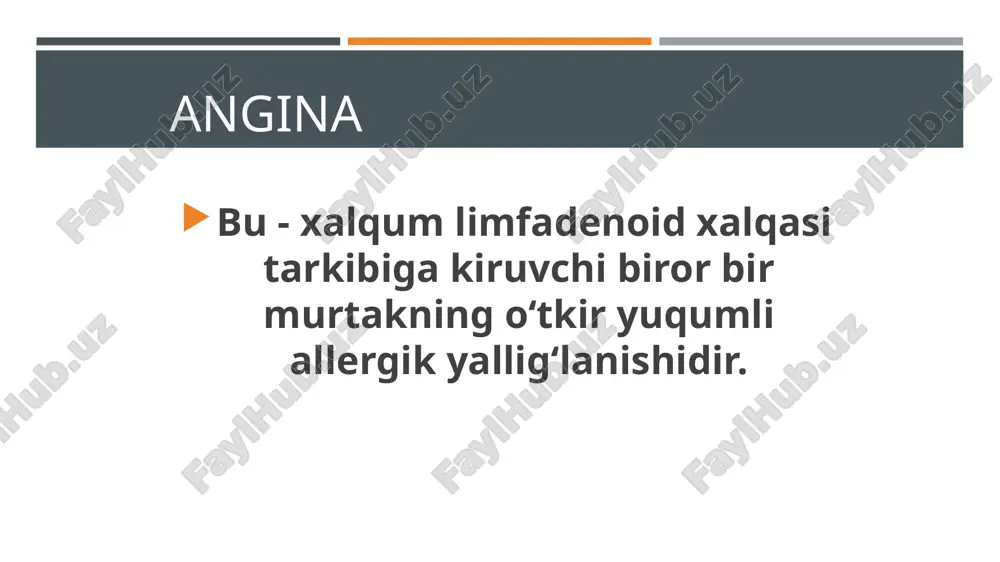 ris yordamida teshib ko‘riladi. diagnoz aniqlangandan so‘ng – abssess ochiladi. jarrohlik amalidan so‘ng bemorga 2 ml ketonal yoki anal'gin 50%-1ml, dimedrol1%-1ml m.o buyuriladi. abssessning o‘z - o‘zidan yorilishini kutish man etiladi. * old yuqori paratonzilyar abssessda oxirgi yuqori jag‘ tishi va tilcha asosining o‘rtasida (yuqori oziq tishlar bo‘lmagan holda tilcha asosi sohasida xayolan o‘tkazilgan gorizontal va old rovoqchaning pastki bo‘limidan yuqoriga o‘tkazilgan vertikal chiziqning o‘zaro kesilish nuqtasida) tig‘ yordamida kesiladi. * tig‘ uchida steril salfetka o‘raladi. kesimning chuqurligi 1-1,5 sm, uzunligi 2-2,5 sm bo‘lishi lozim keyin jarohat maydoni kornsang yordamida kengayti- riladi va yiring to‘plami chiqariladi. yiring chiqarilgandan so‘ng bemorga halqumni 0,1% kaliy permanganat, 0,2% furasilin eritmasiga 3% vodorod peroksidi qo‘shib tomog‘ini bir necha bor chayqash tavsiya etiladi. * orqa peretonzilyar abssess orqa rovoq-chaning bo‘rtgan joyida chuqurligi 0,5-1 sm bo‘lgan vertikal kesim yordamida ochiladi. * pastki va yon tomon-lama peretonzilyar abssesslar ham dastlab teshib ko‘riladi, keyin ochiladi * paratonzilyar abssess …
