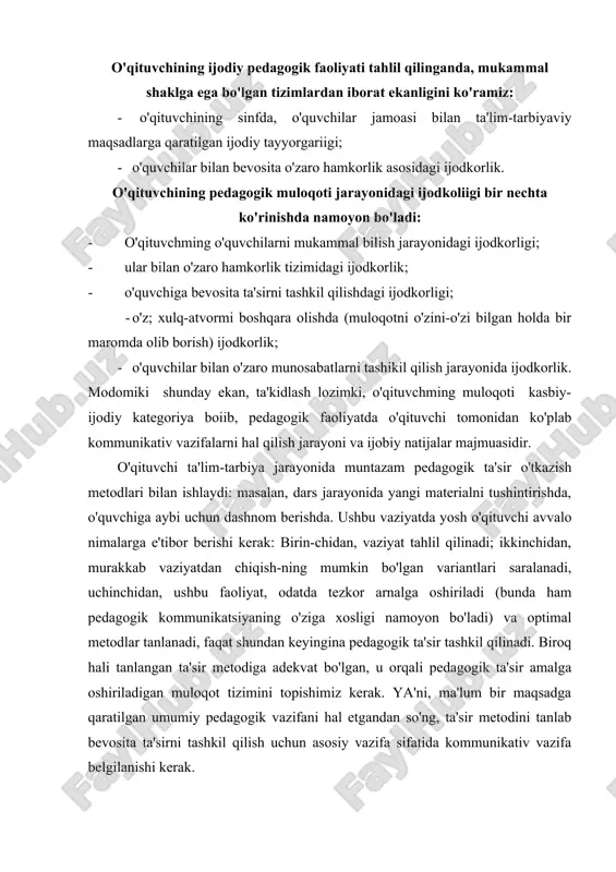 erak. ya'ni, ma'lum bir maqsadga qaratilgan umumiy pedagogik vazifani hal etgandan so'ng, ta'sir metodini tanlab bevosita ta'sirni tashkil qilish uchun asosiy vazifa sifatida kommunikativ vazifa belgilanishi kerak. kommunikativ vazifa pedagogik faoliyatda, nisbatan ishlab chiqaruvchi xarakterga ega bo'lib, murakkab vazifani hal etadi. zero u pedagogik vazifadan kelib chiqqan, shu sababli o'qituvchi tomonidan tanlanadi va belgilanadi. aytish mumkinki, kommunikativ vazifa aynan kommunikatsiya tiliga o'tkazilgan pedagogik' vazifaning o'zi. kommunikativ vazifa pedagogik vazifamng asosim aks ettirib, unga nisbatan yordamchi, instrumental xarakterga ega bo'lgan jarayondir. pedagogik amalyotlar natijasi shundan dalolat beradiki, o'qituvchi o'quvchilar bilan o'zaro hamkorlikning o'ziga xos to'g'ri metodini tanlab hamda vaziyatni to'g'ri baholagan taqdirda ham ko'pincha o'z pedagogik ta'sirini kommunikativ jihatdan ta'minlay olmaydi, ya'ni kommunikatsiyani o'zaro muloqotda amaliy jihatdan tatbiq eta olmaydi. pedagogik ta'sirning o'qituvchi tomonidan tanlanib qo'llaniladigan metodlari bevosita muloqot orqali amalga oshiriladi. shunday ekan, mazkur jarayonni yuksak mahorat bilan, ongli ravishda tashkil etish, pedagogik faoliyatda sodir bo'lishi mumkin bo'lgan har qanday …