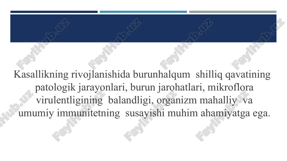 vositalari: ferupleks, ferumlek, vitaminlar, (nikotin kislotasi, vit. s , v-1, v-12 ) 2. mahalliy davolash: burun bo‘shlig‘i shilliq qovatlariga 1% lyugol eritmasini, kolanxoe va aloe sharbatini, propolisning yog‘li eritmasini surtish, vitamin a , e eritmalarini burunga 10 tomchidan bir kunda 3-5 mahal tomizish. burun bo‘shlig‘iga pinosol, kameton aerozollarini purkash. lazer nurlari 2-5 daqiqadan 10 muolaja, nikatin kislotasi bilan10 kun davomida elektrofarez va boshqalar. ichki kasalliklarni davolash sassiq tumov (ozena) atrofik rinitning og‘ir klinik kechimi bo‘lib, burun bo‘shlig‘idagi atrofik jarayon,shilliq qavat va suyak to‘qimalriga ham tarqalib,bemor burunidan bad bo‘y hid tarqalishiga sabab bo‘ladi.bu kasallik ko‘proq ayollarda uchraydi infeksion nazariyaga asosan kasallikning sababi mikroblar (klebsiella ozaenae) bo‘lib, u enterobakteriyalar oilasiga mansub. mikrobning 3 turi mavjud bo‘lib: 1.skleromani chaqiruvchi; 2. sepsis, zotiljam, enterit, peritonit, meningit, pilonefritni chaqiruvchi; 3. ozenani qo‘zg‘atuvchisi hisoblanadi. mikroblar toksinlarining taʼsiri natijasida to‘qimaning oqsil moddalari parchalanib, indol, skatol kabi badbo‘y gazlar ajralib chiqadi. bu hid shu qadar yoqimsizki, hatto urush …