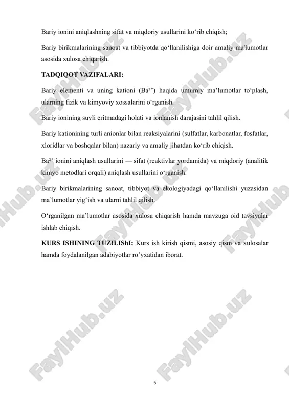 bo‘lib, tabiatda erkin holatda emas, balki turli birikmalar shaklida uchraydi. tarixiy ma’lumotlar: bariy birikmalari qadim zamonlardan beri ma'lum bo‘lgan. lekin toza bariy metalli 1808-yilda ingliz olimi xumphry davy tomonidan elektroliz usuli orqali olinadi. element nomi yunoncha "barys" ("og‘ir") so‘zidan olingan bo‘lib, bu uning birikmalarining yuqori zichlikka ega ekanini ko‘rsatadi. tabiatdagi uchrashi: bariy tabiatda asosan quyidagi minerallar tarkibida mavjud: baritin (baso₄) — bariy sulfat minerali viterit (baco₃) — bariy karbonat minerali bu minerallar asosan cho‘kindi jinslar tarkibida topiladi. baritin va viterit konlari iqtisodiy jihatdan katta ahamiyatga ega, chunki ular sanoatda bariy birikmalarini olish uchun asosiy manba hisoblanadi. fizik xossalari: tashqi ko‘rinishi: kumushsimon oq metall solishtirma og‘irligi: 3,62 g/cm³ erish harorati: 727 °c qayash harorati: 1897 °c holati: yumshoq va egiluvchan metall, havoda tez oksidlanadi. kimyoviy xossalari: bariy osonlik bilan elektron berib, +2 oksidlanish darajasiga ega ba²⁺ ionini hosil qiladi. suv va kislorod bilan tez reaksiyaga kirishadi. bariy suv bilan reaksiyaga kirishganda …