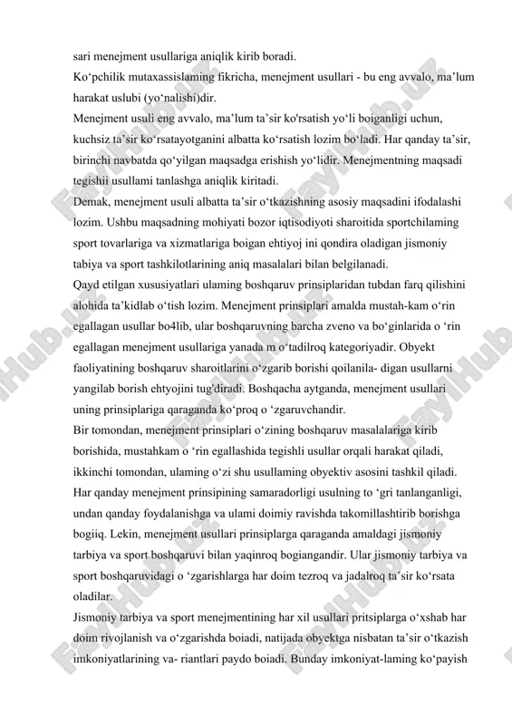 gishli usullar orqali harakat qiladi, ikkinchi tomondan, ulaming o‘zi shu usullaming obyektiv asosini tashkil qiladi. har qanday menejment prinsipining samaradorligi usulning to ‘gri tanlanganligi, undan qanday foydalanishga va ulami doimiy ravishda takomillashtirib borishga bogiiq. lekin, menejment usullari prinsiplarga qaraganda amaldagi jismoniy tarbiya va sport boshqaruvi bilan yaqinroq bogiangandir. ular jismoniy tarbiya va sport boshqaruvidagi o ‘zgarishlarga har doim tezroq va jadalroq ta’sir ko‘rsata oladilar. jismoniy tarbiya va sport menejmentining har xil usullari pritsiplarga o‘xshab har doim rivojlanish va o‘zgarishda boiadi, natijada obyektga nisbatan ta’sir o‘tkazish imkoniyatlarining va- riantlari paydo boiadi. bunday imkoniyat-laming ko‘payish dara- jasi menejmentning har xil usullari shakllanib borishini tavsiflaydi. menejment usullarining variantlari kamayib borgan sari, ulaming ta’sir omili hukmronlik darajasida yuksalib boraveradi. pirovard natijada menejment usuli yagona va asosiy b o iib qolishi ham mumkin. menejment usullarining dinamikasi jismoniy tarbiya va sport boshqaruvidagi rivojlanish va o‘zgarishlar bilan chamcharchas bogiangandir. menejment usullarining samaradorlik darajasi bozor sharoitida jismoniy tarbiya …
