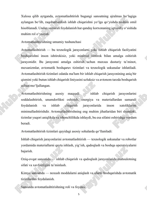 hsulotlarni avtomatik ravishda ishlab chiqarish, yig‘ish, qadoqlash, tashish va boshqa texnologik operatsiyalarni bajarish uchun qo‘llaniladi. avtomat liniyalarning tuzilishi va ishlash prinsipi ularning ishlash samaradorligini va yuqori sifatli mahsulot ishlab chiqarishni ta’minlashga yordam beradi. avtomat liniyaning tuzilishi avtomat liniyalar ko‘pincha quyidagi asosiy qismlardan tashkil topadi: texnologik uskunalar (operatsiyalarni bajaruvchi mexanizm) bu qismlar, odatda, mahsulotlarni ishlov berish, yig‘ish, payvandlash, bo‘yash yoki boshqa zaruriy operatsiyalarni bajaradi. uskunalar tizimi avtomatik tarzda ishlaydi va bunday uskunalar ishlab chiqarish jarayonining asosiy qismini tashkil etadi. avtomatik boshqaruv tizimi avtomat liniyaning samarali ishlashi uchun muhim komponentlardan biri bo‘lib, u liniyadagi barcha operatsiyalarni nazorat qiladi va boshqaradi. boshqaruv tizimi odatda dasturiy ta’minot (plc - programmable logic controller) orqali amalga oshiriladi. bu tizim liniyaning ishlash jarayonini avtomatik ravishda sozlaydi, operatsiyalarni ketma-ketlikda va to‘g‘ri bajarilishini ta’minlaydi. transport tizimi avtomat liniyalarida mahsulotlarni turli bosqichlar bo‘ylab ko‘chirish uchun transport tizimi ishlatiladi. bu tizim odatda konveyerlar, robotlar, manipulyatorlar yoki boshqa transport mexanizmlari orqali amalga …
