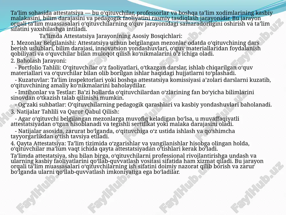 larni professional rivojlantirishga undash va ularning kasbiy faoliyatlarini qoʻllab-quvvatlash vositasi sifatida ham xizmat qiladi. bu jarayon orqali taʼlim muassasalari oʻqituvchilarning ish sifatini doimiy nazorat qilib borish va zarur boʻlganda ularni qoʻllab-quvvatlash imkoniyatiga ega boʻladilar. taʼlimda akkreditatsiya — bu taʼlim muassasalarining oʻquv dasturlari va umumiy faoliyatining sifatini xalqaro yoki milliy standartlarga muvofiqligini rasmiy baholash va tasdiqlash jarayonidir. akkreditatsiya oʻquv dasturlarining sifati, oʻquv jarayonlari, muassasa infratuzilmasi, oʻqituvchilar tarkibi va talabalarning taʼlim olish sharoitlarini oʻz ichiga oladi. ushbu jarayon orqali taʼlim muassasalari oʻz faoliyatlarini obyektiv baholatib, ularning taʼlim xizmatlarining ishonchliligi va raqobatbardoshligini oshirishga intiladi. taʼlimda akkreditatsiya jarayonining asosiy bosqichlari: 1. tayyorgarlik: - akkreditatsiya talablarini oʻrganish: taʼlim muassasasi akkreditatsiya qiluvchi tashkilot tomonidan belgilangan talablar va mezonlarni tahlil qiladi. - hujjatlar toʻplash: oʻquv rejalar, darsliklar, oʻqituvchilar haqidagi maʼlumotlar, talabalar yutuqlari va boshqa kerakli hujjatlar toʻplanadi. 2. akkreditatsiya arizasini topshirish: - ariza va zarur hujjatlar akkreditatsiya agentligiga yuboriladi. bu jarayon elektron yoki qogʻoz shaklida amalga oshirilishi …