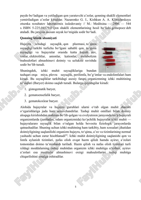 i, qonning yopishqoqligi va echt kiradi. mutloq barqaror konstantalar hatto oz miqdorda oʻzgarganda ham hayotiy jarayonlarga katta zarar etkazadi. bu konstantalarga qon plazmasi ion tarkibi, h+, osmotik bosim, plazmadagi oqsillar, o2 va so2 ning parsial bosimi, glyukoza miqdori v.b. kiradi. gomeostazning tub zaminida statik jarayonlar emas, balki dinamik jarayonlar yotadi, chunki muhit doimiyligi muntazam buzilib turadi va muntazam qayta tiklanib turiladi. shuning uchun ichki muhit doimiyligini saqlashga qaratilgan barcha jarayonlarning butun kompleksini gomeokinez deyish toʻgʻriroq boʻladidi. gomeostazni moslashtiruvchi, taʼminlovchi mexanizmlarning murakkab tizimida nerv va endokrin tizimlar hal qiluvchi muhim ahamiyatga ega hisoblanadi. qon tizimi toʻgʻrisidagi tushunchani 1939 — yilda rus olimi g.f.lang yaratdi[8]. bu tizim 4 qismdan iborat: 1. qon ishlovchi aʼzolar (qizil koʻmik, limfa tugunlari, timus va taloq); 2. tomirlarda oqib turuvchi periferik qon 3. qonni yemiruvchi aʼzolar (jigar, taloq, qizil suyak koʻmigi); 4. markaziy boshqaruvchi neyrogumoral apparat. qonning hosil boʻlishi [tahrir | manbasini tahrirlash] odamda ham barcha umurtqali …