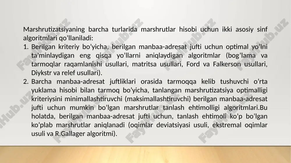 qlarida oqimlar boshqaruvidan maqsad: ortiqcha yuklanish tufayli tarmoq samaradorligi pasayishining oldini olish; tarmoqning ish layoqatini yo’qotish xavfini bartaraf etish (butkul blokirovka); foydalanuvchilar orasida resurslarni optimal taqsimlash; kirish yuklamasi va tarmoqning imkoniyatlari orasidagi muvofiqligini ta’minlash ulanishning estafetli algoritm o’rnatilishida, so’rov bekor qilinadi. qidiruv satxiga muvofiq, qayta qidiruvli algoritmda, birlamchi kbga “oraliq yo’llar yo’q” signali jo’natiladi, bunda kbda boshqa yo’l bilan ulanish o’rnatilishiga qayta harakat qiladi. adaptiv marshrutizatsiyadan foydalanishda, kb marshrutlar matritsasi tarmoqdagi vaziyatga binoan o’zgaradi.oqimlar boshqaruvi, tarmoqdagi vaziyatga muvofiq, z ostonasini tanlash yo’li bilan kk yordamida tarmoqda amalga oshiriladi. shtt tur tuzilmalari uchun o’tkazilgan tadqiqotlar natijasiga asosan, quyidagi xulosalarni keltirish mumkin: faqat marshrutizatsiya algoritmlaridan foydalanishda, doim kritik yuklama mavjud, bunda aylanmalarsiz xizmat ko’rsatish yaxshiroq amalga oshiriladi; o’rta tarmoq yo’qotishlariga ta’sir darajasi bo’yicha, boshqaruv algoritmlari quyidagi tartibda joylashadi: oqimlar boshqaruvi, qayta qidiruv, marshrutizatsiya boshqaruvi; ortiqcha yuklama uchun ostonalarni qo’llash, har qanday yuklamada tarmoqdagi aylanmalarsiz yo’qotish darajasiga nisbatan yo’qotish ehtimoli kamligini kafolatlaydi. nazorat …