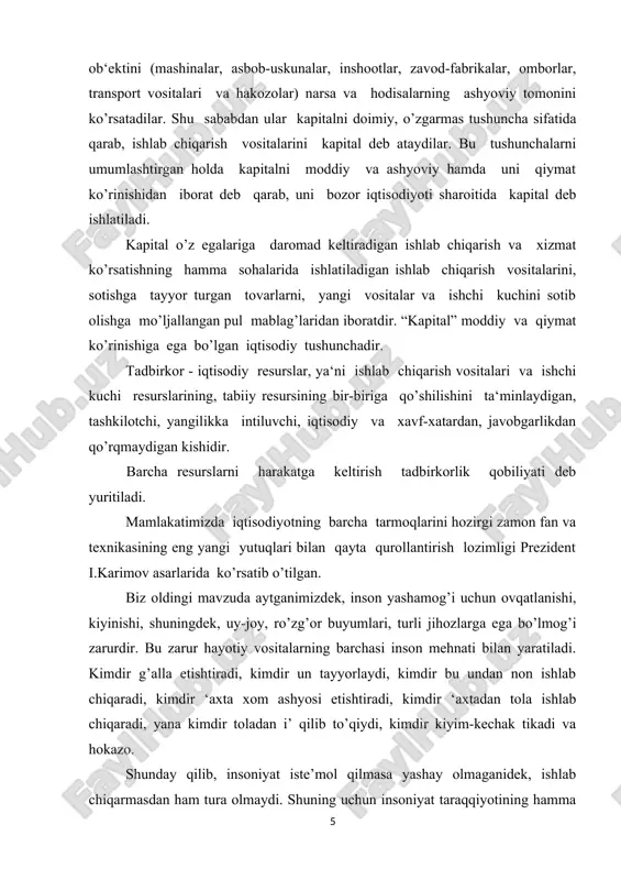 nlarida bo’ladigan munosabatlarga yo’nalish beradi va ta’sir qiladi. ishlab chiqarish bo’lmasa ayirboshlanadigan, taqsimlanadigan narsaning o’zi bo’lmaydi. chunki ishlab chiqarish jarayonida qanday shakldagi munosabatlar sodir bo’lsa, boshqa fazalardagi munosabatlar ham shunday shaklda sodir bo’ladi. shuning uchun ishlab chiqarish jarayonidagi munosabatlarni bilmaslik ko’’gina chalkashliklarga olib keladi. ayrim adabiyotlarda daromadlar yaratiladi va ishlab chiqariladi degan fikrlarning uchrab qolishining sababi ham ishlab chiqarish jarayonidagi munosabatlarni bilmaslikdan deb o’ylaymiz. ma’lumki, ishlab chiqarishda faqat mahsulot ishlab chiqariladi, ular sotilib taqsimlangandan keyingina turli ko’rinishdagi daromadlar shakllanadi. shuning uchun biz ishlab chiqarish jarayonida sodir bo’ladigan munosabatlarni o’rganish ilmiy va uslubiy ahamiyatga ega deb o’ylaymiz va, shunga ko’ra, bu jarayonni batafsil ko’rib chiqish zarur deb hisoblaymiz. bu bobda bir-biri bilan uzviy bog’liq bo’lgan ishlab chiqarish omillari va ishlab chiqarish jarayoniga tegishli muammolar qarab chiqiladi. dastlab ishlab chiqarishning omillari tavsiflanadi, ishlab chiqarishning maqsadi va mazmuni ochib beriladi, so’ngra uning natijalari va samaradorligi bilan bog’liq masalalar bayoni beriladi. tahlilda «ishlab chiqarish …