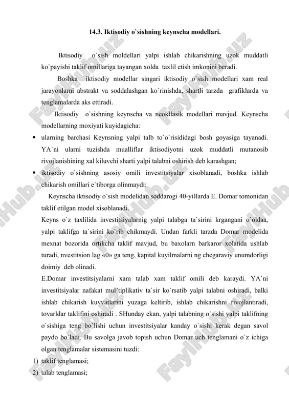 etilsa α =0,25 bo`ladi. α=ys / i bir so`mlik investitsiya xisobiga yaratilgan yangi maxsulot mikdorini ko`rsatadi. 2. talab tenglamasi kuyidagi ko`rinishga ega yd= i ( 1/ μ) , bu erda 1/ μ – xarajatlar mul’tiplikatori, μ–jamgarishga chegaralangan moyillik. bu tenglama milliy daromad yd, yoki yalpi talab ko`shimcha investitsiyalarning mul’tiplikativ ko`payishiga teng mikdorda o`sishini ko`rsatadi. ishlab chikarish to`plangan jami kapital bilan ta`minlanishi, milliy daromad esa ko`shimcha investitsiyalarning multiplikativ ta`siri ostida ko`payishi sababli taklif tenglamasida jami investitsiyalar, talab tenglamasida esa ko`shimcha investitsiyalargina ko`rib chikilaadi. 3. daromadlar va ishlab chikarish kuvvatlarining ko`shimcha o`sish sur`atlari tengligi tenglamasi: i ( 1/ μ) = i α bu tenglamani echib suyidagi natijani olamiz: i / i = μ α ( i / i ) – investitsiyalarning yillik o`sish sur`ati bo`lib, ishlab chikarish kuvvatlarini oshirish yordamida to`lik bandlilikni ta`minlab turish uchun (μ α) mikdorga teng bo`lishi kerak. bundan xulosa shuki investitsiyalarning mutanosib o`sish sur`atijamgarishga chegaralangan moyillik va investitsiyalarning …