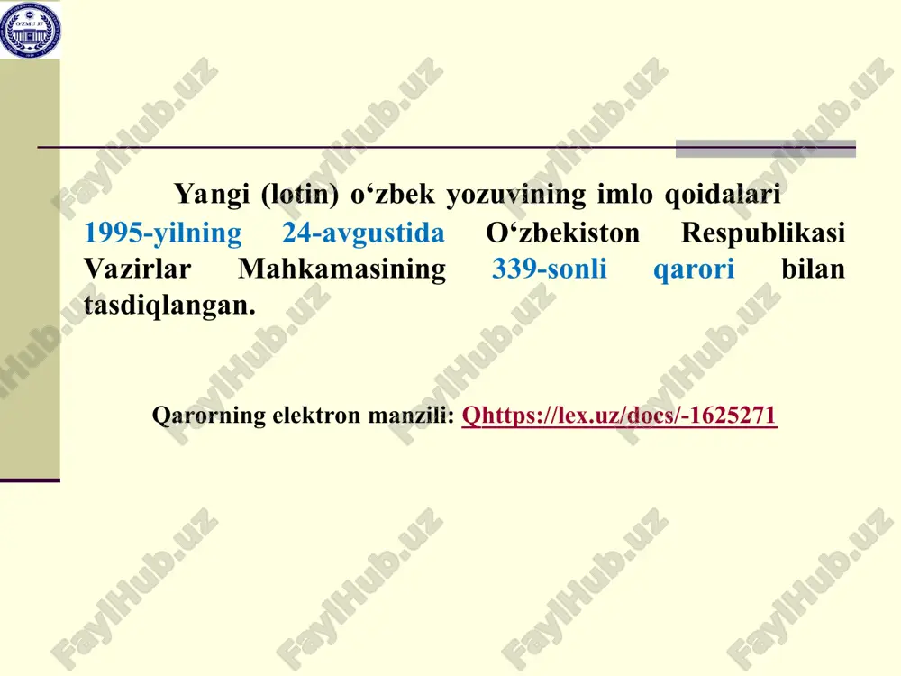 oat, changlagich-purkagich, vitse-prezident kabi. ayrim yuklamalar: -chi, -ku, -u/-yu, -da, -a/-ya kabi. sen-a? sen-ku! tartib son arab raqami bilan yozilsa, -(i)nchi qo‘shimchasi o‘rniga chiziqcha (-) qo‘yiladi: 7-sinf, 5-“a” sinfi, 3-,7-,8-sinf o‘quvchilari, 60-yillar, 1991- yilning 1-sentabri kabi. tartib sonni ko‘rsatuvchi rim raqamidan keyin chiziqcha yozilmaydi: xx asr, x sinf kabi. ajratib yozish 1. qo‘shma fe’lning qismlari ajratib yoziladi: imzo chekmoq, ta’sir etmoq, vafo qilmoq, sotib olmoq, olib kelmoq, olib chiqmoq kabi. 2. ko‘makchi fe’l va to‘liqsiz fe’l mustaqil fe’ldan ajratib yoziladi: aytib ber, olib ko‘r, ko‘ra qol, ketgan edi, ketgan ekan kabi. lekin mustaqil fe’l bilan yordamchi fe’l orasida tovush o‘zgarishi bo‘lsa, bunday qism qo‘shib yoziladi: aytaver (ayta ber), boroladi (bora oladi), bilarkan (bilar ekan) kabi. 3. ko‘makchi oldingi so‘zdan: shu bilan, soat sayin, borgan sari, bu qadar, kun bo‘yi kabi. lekin bilan ko‘makchisining -la shakli, uchun ko‘makchisining -chun shakli chiziqcha bilan yoziladi: sen-la, sen-chun kabi. 4. belgining ortiq yoki kamligini …