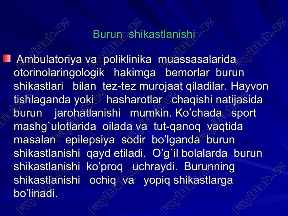 bemor kasalxonada yotqizilishi yoki yotqizmasligi hal qilinadi. yallig`lanishga qarshi va giposensibilizastiya terapiyasi tavsiya etiladi. burunning termik kuyishi bolalarda ular ko’p uchraydi va kuyish, muzlash natijasida , elektr toki ta’sirida sodir bo’ladi. zaralanish keskinligi bo’yicha burunning kuyishi 4 darajada bo’ladi: 1 -daraja- eritema paydo bo’lishi 2- daraja -shish va pufakchalarning hosil bo’lishi. 3 -daraja - teri nekrozi 4 –daraja- to’qimalar nekrozi va qorayishi. belgilari kuyish darajasi klinik manzarani belgilaydi. tashxis qiyinchilik tug`dirmaydi. davolash 1-2% kaliy permanganat, 1-2 5 tanin, 10% borat lanolin eritmalari yorda-mida boylamni qo’yish. kuyishdan so’ng darhol kuygan maydonga muzli xaltacha qo’yish tavsiya etiladi. burun muzlashi ko’pincha kuchsiz bolalarda uchraydi. pufakchalar, nekroz va yaralar paydo bo’lishi mumkin. belgilari giperemiya va og`riq kuzatiladi. tashxis qiyinchilik tug`dirmaydi. davolash engil muzlarda issiq boylamlar qo’yish tavsiya etiladi. (burov suyuqligi va indefferent surtmani qo’llash mumkin). teri etil spirti bilan arti-ladi. pufakchalar hosil bo’lganda ular ochiladi. ular ubn, uvch toklari tavsiya etiladi. burun yon bo’shliq …