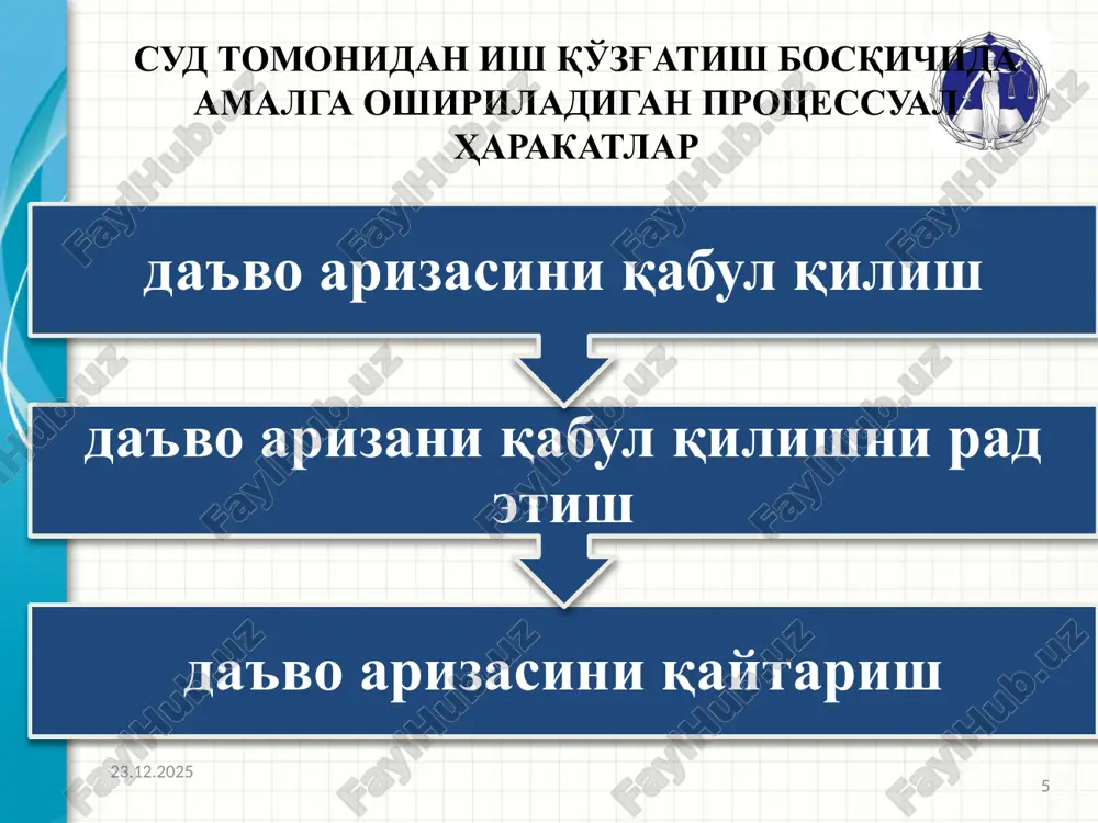 алари юборилганлигини тасдиқловчи далилларни иш кўриладиган кунгача етиб боришини таъминлайдиган муддатда судга юборишга ҳақли. даъво аризаси юзасидан ёзма фикрда ишда иштирок этувчи шахснинг ёки унинг вакилининг почта манзили, телефонлари, факслари рақамлари, электрон манзили (агар улар мавжуд бўлса) кўрсатилади. даъво аризаси бўйича ёзма фикр ишда иштирок этувчи шахс ёки унинг вакили томонидан имзоланади. вакил томонидан имзоланган ёзма фикрга унинг иш юритишга доир ваколатини тасдиқловчи ишончнома илова қилинади. қарши даъвони тақдим этиш ҳуқуқи иш бўйича ҳал қилув қарори қабул қилингунига қадар жавобгар дастлабки даъво билан бирга кўриб чиқиш учун қарши даъво тақдим этишга ҳақли. 05.04.2024 12 қарши талаб дастлабки талабни ҳисобга олишга қаратилган бўлса; қарши даъвони қаноатлантириш дастлабки даъвони тўлиқ ёки қисман қаноатлантиришни истисно қилса; қарши даъво билан дастлабки даъво ўртасида ўзаро боғлиқлик бўлиб, уларни биргаликда кўриб чиқиш низони ўз вақтида ва тўғри ҳал этишга олиб келса. ишни суд муҳокамасига тайёрлаш 05.04.2024 13 судья ишни суд муҳокамасига тайёрлаш тўғрисида ажрим чиқаради, унда …