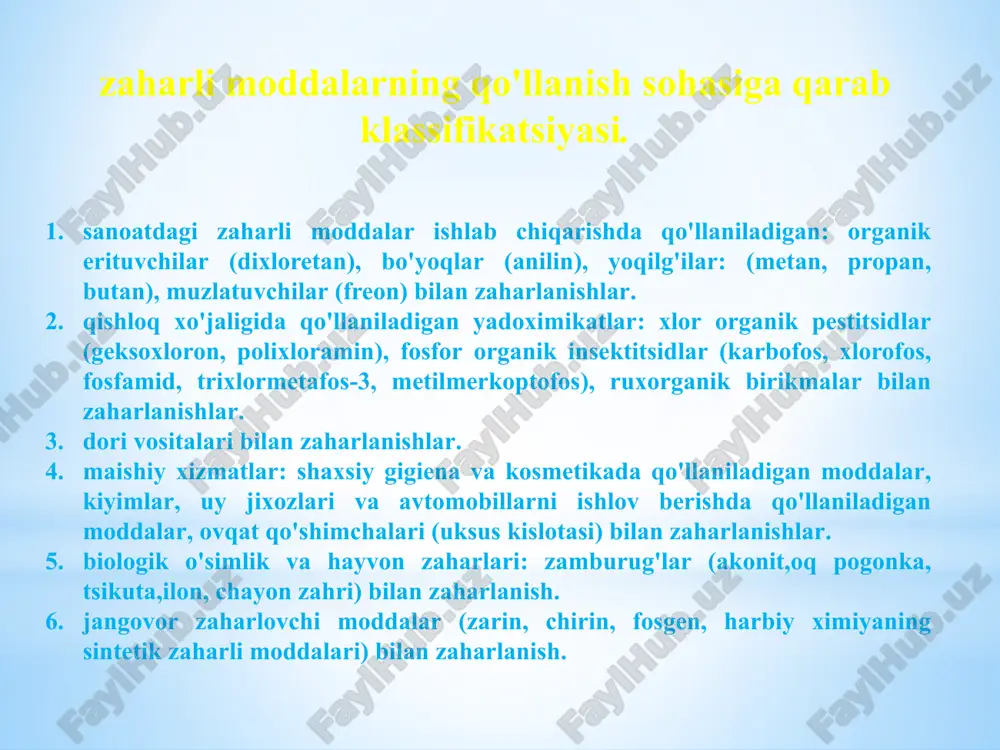 zaharlanishlarni laborator diagnostikasi zaharlanishlarda fiziologik usullari. antidot terapiya. zaharli moddalarning hayoti muhim organlar faoliyatiga ta'siri. ekzotoksik shok, patogenezi intensiv terapiya tamoyillari. uksus kislotasidan zaharlanishda intensiv terapiya. psixotrop dorilardan zaharlanishda intensiv terapiya. fobdan zaharlanishda intensiv terapiya. alkogoldan zaharlanishda intensiv terapiya. alkogol surrogatlaridan zaharlanishda intensiv terapiya. is gazidan zaharlanganda shoshilinch yordam. ishqorlar bilan zaharlanishda intensiv terapiya. endotoksikoz tushunchasi va darajasi. faol detoksikatsiya usullari . e'tiboringiz uchun raxmat!!! image1.png /docprops/thumbnail.jpeg
