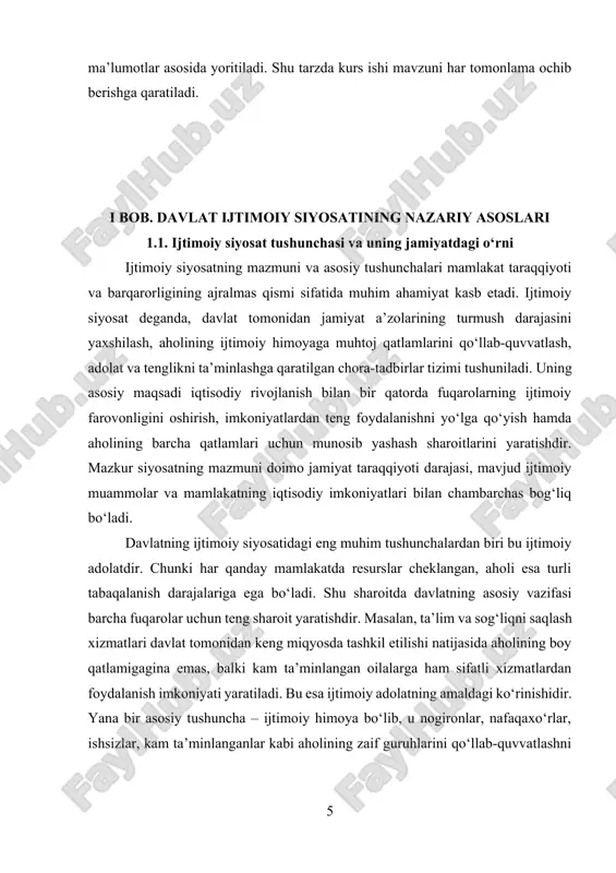 iridir. chunki sog‘lom jamiyatgina iqtisodiy va ijtimoiy taraqqiyotning tayanchidir. zamonaviy klinikalar qurilishi, bepul tibbiy xizmatlarning kengayishi, dorilarga subsidiyalar berilishi davlatning ijtimoiy siyosatdagi amaliy ishlaridan dalolat beradi. 1-rasm. respublikamizda 2020-yilda 45 817,3 mlrd. soʻmlik moliyaviy xizmatlar koʻrsatilgan[footnoteref:2] [2: yuz.uz – yangi o’zbekiston saytining rasmiy ma’lumotlari] davlat statistika qoʻmitasi maʼlumotlariga koʻra, 2020-yilning yanvar-dekabr oylarida respublikada 218 853,5 mlrd. soʻmlik bozor xizmatlari koʻrsatilgan. bozor xizmatlarining nominal hajmi 25 155,7 mlrd. soʻmga oshgan. oʻtgan yilning shu davriga nisbatan oʻsish surʼati 102,3 % ni tashkil etgan. ijtimoiy siyosatning asosiy tushunchalaridan yana biri bu inson kapitalini rivojlantirishdir. ta’lim, malaka oshirish va ilm-fanni qo‘llab-quvvatlash orqali davlat nafaqat bugungi ehtiyojlarga, balki kelajak taraqqiyotiga ham zamin yaratadi. masalan, xorijiy davlatlarda grant dasturlarini joriy etish, talabalarni chet ellarda o‘qishga yuborish, ilmiy izlanishlarni moliyalashtirish orqali davlat o‘z kelajagini ilmli va malakali kadrlar qo‘lida ko‘radi. o‘zbekistonda ham “yoshlar daftari” tizimi, “el-yurt umidi” jamg‘armasi orqali yoshlarning bilim olishi va rivojlanishi uchun keng imkoniyatlar …