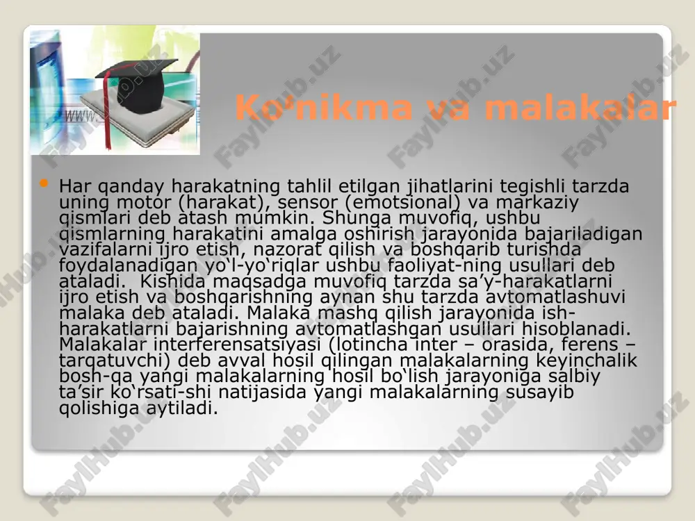 hart - sharoitlar, talablar va tajriba bilan belgilanadi. faoliyatning asosiy turlari. hayotining birinchi yillaridayok bolada faoliyatning oddiy shakllarini o`zlashtirishi uchun dastlabki shart - sharoitlar tarkib topa boshlaydi. ulardan birinchisi o`yin faoliyati hisoblanadi. ma`lumki, o`yin faoliyatini hayvonlarning bolalarida ham kuzatiladi. bu - ularning turli xildagi xarxashalaridan, urishishni taqlid qilishi, u yoqdan - buyoqqa chopishi va hokozolardan iboratdir. hayvon bolalarining o`yin jarayonidagi kiligini avvalo ularning organizmidagi faoliyatga, jamlangan kuch - kuvvatni sarflashga bo`lgan ehtiyojni qondirishi deb qarash mumkin. agar hayvon bir muncha vaqt mobaynidan o`ynaydigan sherigidan mahrum etib qo`yilsa, keyinchalik uning qo`zg`alishi va o`yin faoliyati keskin kuchayadi, ya`ni tegishli kuch quvvat to`plangani kabi hodisa ruy beradi. bu hodisa "o`yinga to`ymaslik" deb ataladi. xulosa tadqiqotlar shuni ko`rsatadiki, o`yin bolalarda ham o`z faolligini ro`yobga chiqarish shakli, hayot kechirish va faoliyat ko`rsatish shakli bo`lib xizmat qiladi. bolaning o`yin harakatlari avval boshdanoq buyumlardan foydalanishning insoniy usullari va amaliy xulq - atvorining katta yoshdagilar bilan muloqot jarayonida …