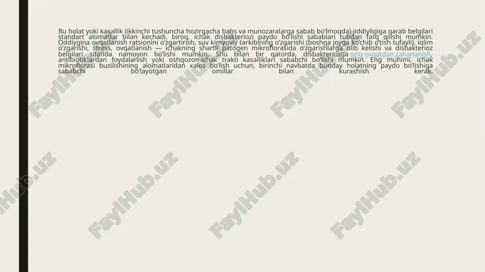 rga ko'ra bog'liqdir: onaning bakterial vaginozi ; murakkab etkazib berish; patogen mikroorganizmlar bilan kasallanish; keyinroq ko'krakka yoki erta sutdan ajratishga qo'shimchalar; laktatsiya davrida ona tomonidan antibakterial dorilarni qabul qilish; chaqaloqlarni antibiotiklar bilan davolash; emizuvchi onaning irratsional oziqlanishi ; mahsulotning "yoshi bo'yicha emas" va boshqalar. bir yildan so'ng bolada disbakterioz yil davomida bolalar ichkilikning mikroflorasi muvozanatini buzish chaqaloqlikdan "kelishi" mumkin, lekin u ko'pincha boshqa sabablar ta'siri ostida rivojlanadi. kichkintoy o'sishi bilan, ichak pishadi va kattagina mikroorganizmlar bilan "ko'proq tarqalgan" dan qanchalik ko'p bo'lsa, tashqi patogenlarga qarshi chiqadigan mahalliy mikro flora ishlaydilar. shu bilan birga, antibiotiklardan keyingi infektsiya, malnutrisiya sababli disbiyoz ham keng tarqalgan. bolalarda boshqa yillarda disbakterioz sabablari quyidagilarni o'z ichiga olishi mumkin: gelmintlar; stress; yashash joyini o'zgartirish; gormonal o'zgarishlar; oshqozon tizimi kasalliklari; laktaza etishmovchiligi ; o'simshakor distrofiya; radiatsiya ta'sirida va boshqalar. 3 oygacha boʼlgan bolalarda ichaklarda normal mikroflora endigina shakllanayotgan boʼladi. aynan mana shu davrda chaqaloqlarda ichak xurujlari koʼp kuzatiladi. …