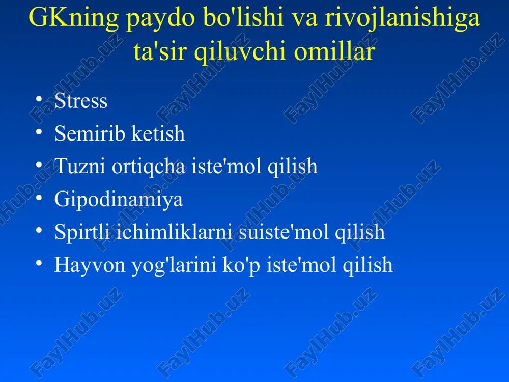 amnezi surunkali yurak yetishmovchiligi nefropatiya (proteinuriya) chap qorincha gipertrofiyasi uyqu arteriyalarining aterosklerozi hilpillovchi aritmiya qo'llash mumkin bo'lmagan holatlar: homiladorlik giperkalemiya ikki tomonlama buyrak arteriyasi stenozi angiotensin retseptorlari antagonistlari ii losartan, valsartan, telmisartan, kandesartan ko'rsatma: apf ingibitorlari bilan bir xil hamda apf ingibitorlariga rezistentlik holatlari qo'llash mumkin bo'lmagan holatlar: apf ingibitorlari bilan bir xil kaltsiy antagonistlari: - digidropiridin: nifedipin, amlodipin, - digidropiridin bo'lmagan: verapamil, diltiazem ko'rsatma: stenokardiya keksa bemorlar (digidropiridin) izolyatsiya qilingan sistolik gipertenziya (digidropiridin) o’sok periferik arterialar aterosklerozi qo'llash mumkin bo'lmagan holatlar: av bloki ii-iii daraja (verapamil) surunkali yurak yetishmovchiligi (verapamil) diuretiklar: -tiazid, tiazidga o'xshash: gipotiazid, indapamid -qovuzloqli: torasemid, -aldosteron antagonistlari (aa): veroshpiron ko'rsatmalar: syuye (qovuzloqli, aa) keksa bemorlar (tiazid) izolyatsiya qilingan sistolik gipertenziya (tiazid) surunkali buyrak etishmovchiligi (qovuzloqli) giperaldosteronizm (aa) qo'llash mumkin bo'lmagan holatlar: podagra dislipidemiya (yuqori dozalarda) sbk (k saqlovchilar uchun) alfa blokerlar (prazosin, doksazosin) ko'rsatmalar: prostataning xavfsiz giperplaziyasi giperlipidemiya qo'llash mumkin bo'lmagan holatlar: ortostatik gipotenziya imidazolin retseptorlari …