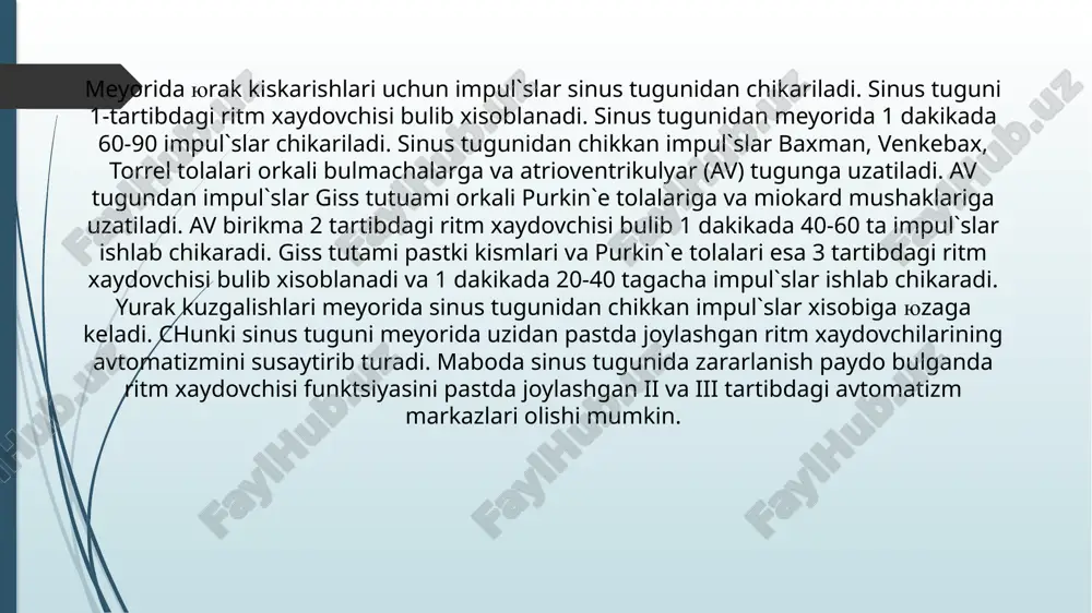 ki bulmachaldar va korinchalarga bir xil vaktda, yoki oldin korinchalarga etib borishi mumkin. shuning uchun ekgda impul`slarning bulmachalarga retrograd yunalishda ketganligi uchun r tishcha manfiy bulib qrs kompleksi oldida, qrs kompleksiga kushilgang xolda yoki qrs kompleksidan keyin kelishi mumkin. impul`slar soni minutiga 40-60 ta atrofida. kuruvda buyin venalari pul`satsiyasi aniklanadi. chunki bulmachalar va korinchalar bir xil paytda kiskarganligi tufayli kon bulmachadan teskariga govak venalarga okib chikadi va pul`satsiya beradi. davolash doimiy elektrokardiostimulyatsiya. quzg’aluvchanlik funktsiyasi buzilishi bilan boglik aritmiyalar ekstrasistoliya. yurakning navbatdan tashkari kuzgalishi va kiskarishiga ekstrasistoliya deyiladi.etiologiyasi. ekstrasistoliyaga sababchi bulib yuik, miokardit, revmatizm, kardiomiopatiya, dori vositalar (digitalis, xinidin, efedrin), asabiylik, elektrolitlar balansi buzilishi bulib xisoblanadi. klinikasi. kupincha bemorlarda ekstrasistoliyalar simptomsiz utib ketishi va tasodifan ekg kilinganda aniklanishi mumkin. goxida bemorlar yurak soxasida kuchli turtki paydo bulganligini sezishi mumkin. kuplab ekstrasistoliya paytida bemorlarda bushashaish, bosh aylanishi, xushidan ketish xollari kuzatilishi mumkin. pul`sni tekshirganda pul`s tuxtab urishi kuzatiladi. auskul`tatsiyada navbatdan tashkari kiskarish, …