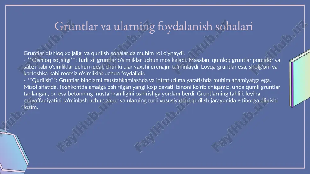 gida qo'llaniladi va o'simliklar o'sishini yaxshilaydi. swot tahlili: mexanik usullar - kuchli tomonlar: tez va samarali; zaif tomonlar: tuproqning mexanik xususiyatlarini o'zgartirishi mumkin. biologik usullar - kuchli tomonlar: ekologik toza; zaif tomonlar: sekin natijalar. kimyoviy usullar - kuchli tomonlar: tez natijalar; zaif tomonlar: atrof-muhitga salbiy ta'sir ko'rsatishi mumkin. gruntlarni boshqarishning asosiy usullari mexanik, biologik va kimyoviy usullardir. har bir usulning o'ziga xos qo'llanish sohalari va natijalari bor. biologik usullar, masalan, o'simliklar va mikroorganizmlar yordamida yerning unumdorligini oshirishda qo'llaniladi. kimyoviy usullar esa pestitsidlar va o'g'itlar orqali o'simliklarni himoya qilishda samarali. photo by ashkan forouzani on unsplash 01 03 02 04 gruntlarni saqlash va boshqarishda innovatsiyalar kirish: gruntlarni saqlash va boshqarishda innovatsiyalar, ekologik barqarorlik va resurslarni samarali boshqarish uchun muhim ahamiyatga ega. bu texnologiyalar, yer resurslarini yanada samarali saqlash va boshqarish imkoniyatlarini yaratadi. yangi texnologiyalar: - aqlli saqlash tizimlari: yerning holatini real vaqt rejimida kuzatib, optimallashtirish imkoniyatini taqdim etadi. - raqamli boshqaruv: …