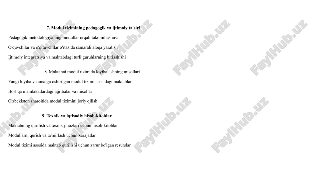 lgan o'quv modullarida ta'lim oladi. har bir modulda o'quvchilar o'zlari uchun qulay bo'lgan sharoitda ta'lim olishadi: laboratoriyalar, kutubxonalar va sport zallari o'zaro bog'langan modullar sifatida tashkil etilgan. afzalliklari: o'quvchilarning o'zlashtirish jarayoni yuqori darajada, sinf xonalari har doim ochiq va moslashuvchan bo'lib, o'quvchilar o'zlariga eng qulay muhitni tanlaydi. ijtimoiy integratsiya: maktabda o'quvchilar o'rtasida ijtimoiy aloqalar o'rnatish uchun ochiq maydonlar va guruh ishlari uchun maxsus modullar yaratilgan. 3. birlashgan arab amirliklaridagi "dubai modern school": ushbu maktabda modul tizimi asosida barcha ta'lim, yordamchi va boshqaruv modullari o'zaro bog'langan. sinf xonalari, laboratoriyalar va kompyuter xonalari alohida modullar sifatida tashkil etilgan va har bir modul o'zining aniq maqsadi va vazifasiga ega. o'quvchilar o'z ehtiyojlariga qarab turli modullarni tanlay olishadi. afzalliklari: moslashuvchan o'quv muhitini yaratish, o'quvchilarga o'z shaxsiy rivojlanishlarini ta'minlash uchun imkoniyat yaratish. texnologiya va innovatsiyalar: kompyuter va elektron qurilmalar yordamida ta'lim tizimini takomillashtirish, o'qituvchilar va o'quvchilar uchun onlayn platformalar yaratish. 4. finlandiyada o'rnatilgan "modular education …