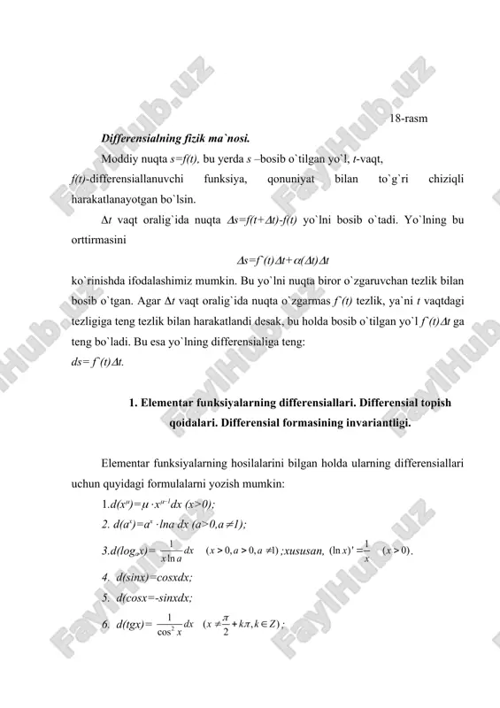sial formasining invariantlik xossasidan foydalansak, bo`lib, ga ega bo`lamiz. yuqorida ta`kidlaganimizdek, x0 nuqtada differensiallanuvchi y=f(x) funksiya uchun (y(f`(x0)dx, ya`ni (y(dy taqribiy tenglik o`rinli. shu taqribiy tenglik matematik analizning nazariy va tatbiqiy masalalarida muhim ahamiyatga ega bo`lib, differensialning mohiyatini belgilaydi. yuqoridagi tenglikda (y=f(x)-f(x0), (x=x-x0 deb olsak, quyidagi tenglikka ega bo`lamiz: f(x)-f(x0) (f`(x0)( x-x0) yoki f(x) ( f(x0)+f`(x0)( x-x0) (4.1) (4.1) formula funksiya qiymatlarini taqribiy hisoblashda keng qo`llaniladi. masalan, f(x)= funksiya uchun quyidagi (4.2) formula o`rinli. agar f(x)= funksiyaning x=0,98 dagi qiymatini hisoblash talab qilinsa, (4.2) formulada x=1, (x=-0,02 deb olish yetarli. u holda bo`ladi. agar kalkulyatorda hisoblasak, uni 10-6 aniqlikda 0,989949 teng ekanligi ko`rish mumkin. demak, differensial yordamida hisoblaganda xatolik 0,001 dan katta emas. umumiy holda differensial yordamida taqribiy hisoblashlardagi xatolikni baholash masalasini kelgusida o`rganamiz. _1405349656.unknown _1405349665.unknown _1405349669.unknown _1405349671.unknown _1405349673.unknown _1405349674.unknown _1405349675.unknown _1405349672.unknown _1405349670.unknown _1405349667.unknown _1405349668.unknown _1405349666.unknown _1405349661.unknown _1405349663.unknown _1405349664.unknown _1405349662.unknown _1405349658.unknown _1405349659.unknown _1405349657.unknown _1405349652.unknown _1405349654.unknown _1405349655.unknown _1405349653.unknown _1405349650.unknown _1405349651.unknown _1405349649.unknown …