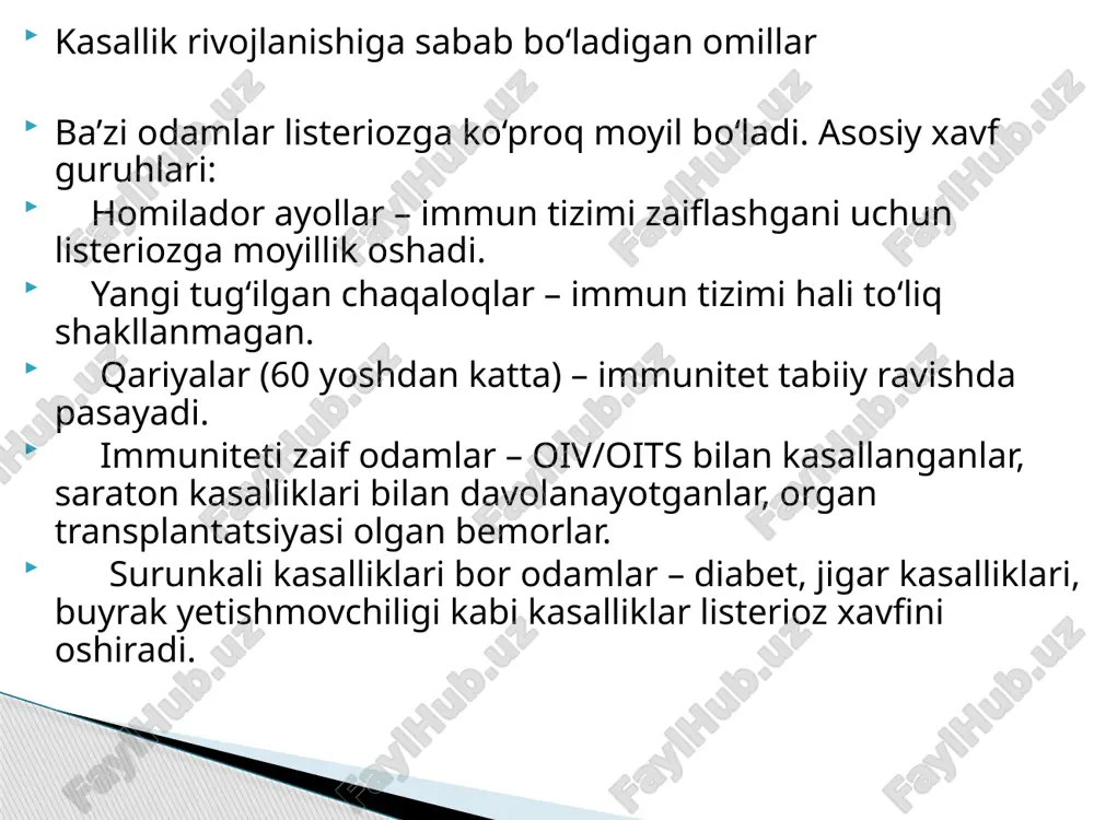 mol qilish. homilador ayollar xavfli mahsulotlardan ehtiyot bo‘lishi kerak – yumshoq pishloqlar, dudlangan baliq va xom go‘shtni cheklash. shaxsiy gigiyenaga rioya qilish – qo‘llarni tez-tez yuvish, sabzavot va mevalarni yaxshilab yuvish. image1.jpeg /docprops/thumbnail.jpeg