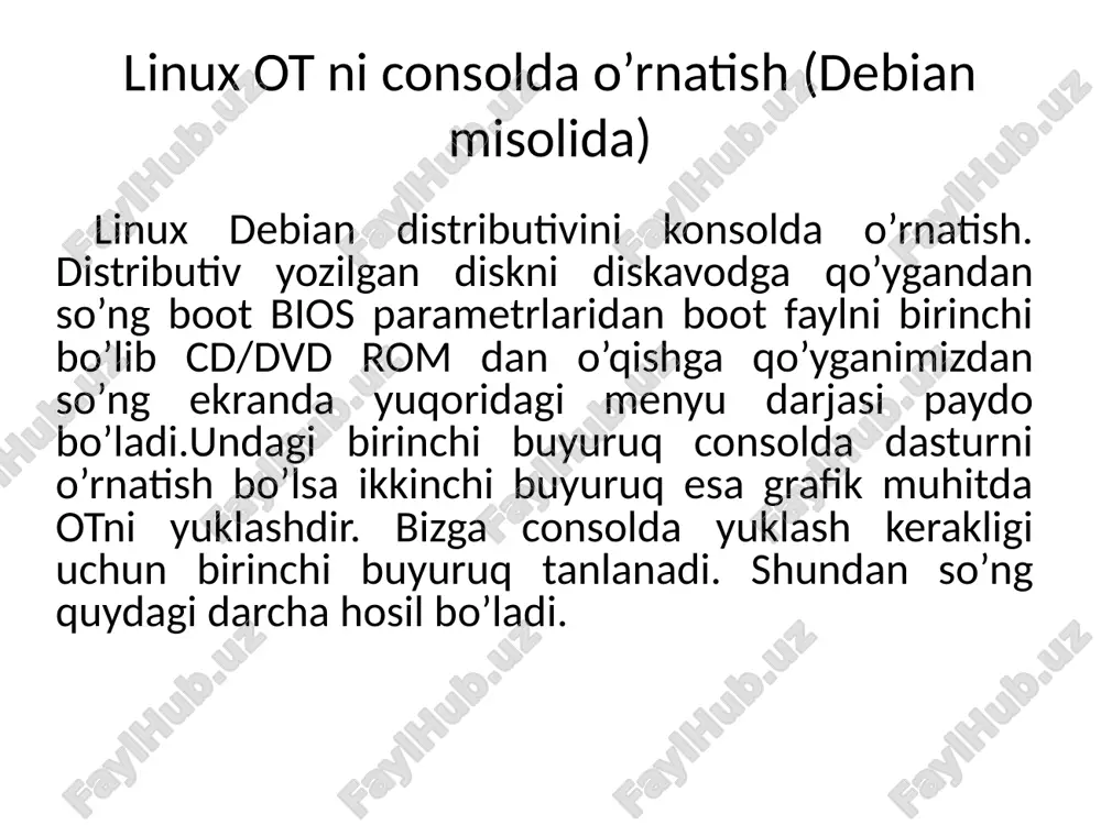 gan komyuterning doimiy xotira (hdd)si bo’limlarga bo’linmagan shuning uchun unda yangi bo’lim hosil qilib olamiz. buning uchun ko’rsatilgan tugmani bir marta bosishimizning o’zi yetarli. hdd da yangi bo’lim hosil qilish uchun ruhsat va ogohlantirish oynasi hosil bo’ladi. ruhsat berilgandan so’ng yangi bo’lim hosil bo’ladi. yangi bo’sh bo’lim hosil bo’ladi endi biz linux ot ni o’rnatish uchun uning fayl tizimini hosil qilishimiz kerak. buning uchun ko’rsatilgan tugma bosiladi va yangi bo’limlarni hosil qilish oynasi ochiladi. birinchi bo’lib ot ni ildiz(root) katoligi hosil qilinadi. ushbu katalogda barcha ma’lumotlar va fayl tizimi linux ot ning barcha fayllari saqlanadi shuning uchun uning hajmi ajratilishi mumkin bo’lgan eng katta hajmning asosi qismii ya’ni 90-95% egallashi yetarli root katoligi windows ot dagi c disk kabidir. ajratilayotgan bo’limimizning fayl sistemasini ext4 tanlaymiz. bu linux ot ning oxirgi ishlab chiqilgan fayl tizimi hisoblanadi. bundan tashqari linux ot ning turli fayl sistemalari mavjud ularni tanlash foydalanuvchining o’ziga bog’liq bu …