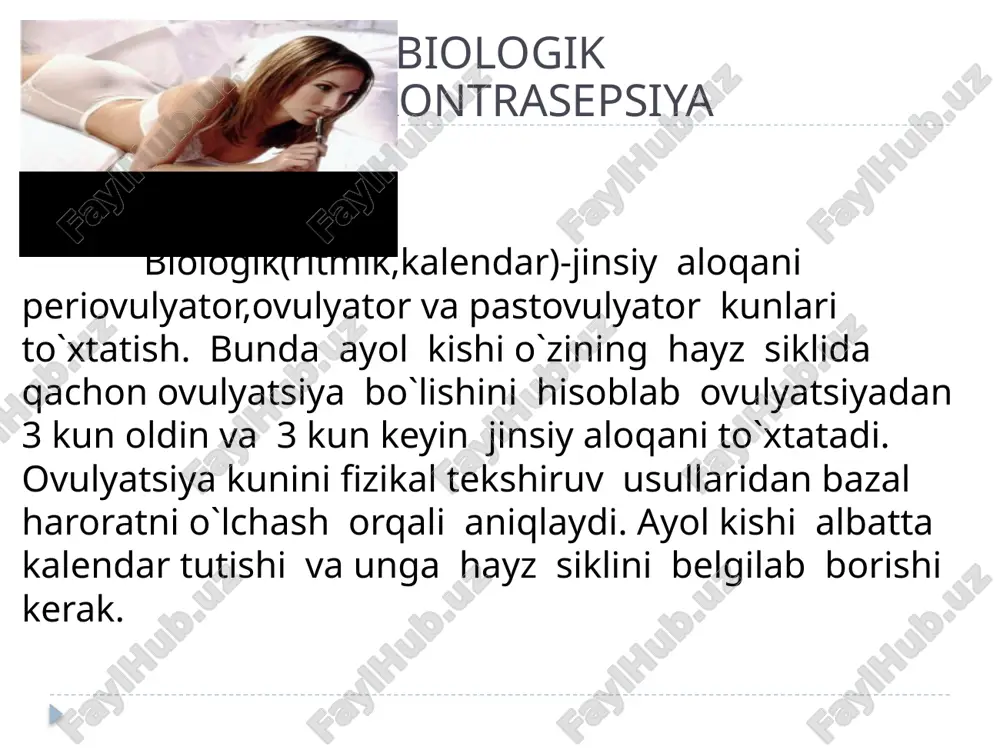 hayzning 5 ta kunida qilinadi, qolgan 3 inyeksiya har 8 haftada olinadi, keyinchalik interval 12 haftaga yetkaziladi. ayollar oka qabul qilolmaganida,giperestrogenemiyada,o`sma kasalliklarini davolashda qo`llaniladi. hayz siklini buzishi(biirinchi qabulda),bosh og`rig`i,bosh aylanishi kuzatilishi mumkin. teri osti implantatsion kontrasepsiyasi ta`sir muddati chegaralanmagan. teri osti implantatlari unchalik katta bo`lmagan kapsula bo`lib , uzunligi 4 sm, tarkibida levonergestrel tutadi-bu modda bachadon bo`ynini toraytiradi.ular soni 6 ta bo`lib odatda yelka yoki bilak teri ostiga og`riqsizlantirgan holatda kiritiladi.ta`siri 1 sutkadan keyin boshlanadi. ilk kunlarda hayz sikli buzilishi mumkin.rak kasalliklarini kamaytiradi, bazan hayz to`xtaydi.kosmetik defekt hisoblanadi. gormon tutuvchi qin xalqasi 1 oyda 1 marta ishlatiladi.estrogen ajratadi. 1 oylik estrogen miqdorini ko`paytiradi. 21 kun turadi, hayz boshlanishidan oldin olib tashlanadi,. bazan ko`ngil aynidi,vazn kamayadi,sut bezlari qattiqlashadi.buyrak kasalliklarida,migrenda,nevrologik kasallkilarda,gormonzavisimoy o`smalarda,allergiyada,diabetda qo`llash mumkinmas. teri usti kontraseptik plastirlar tarkibida norelgestromin va etinilestradiol saqlaydi,o`zi yopishtirilgan teri ostidagi qon tomirlarga so`riladi va gipofiz funksiyasini pasaytirib,gonodatropin ajralishini pasaytiradi. 1 ta menstrual siklda 3 ta plastir …
