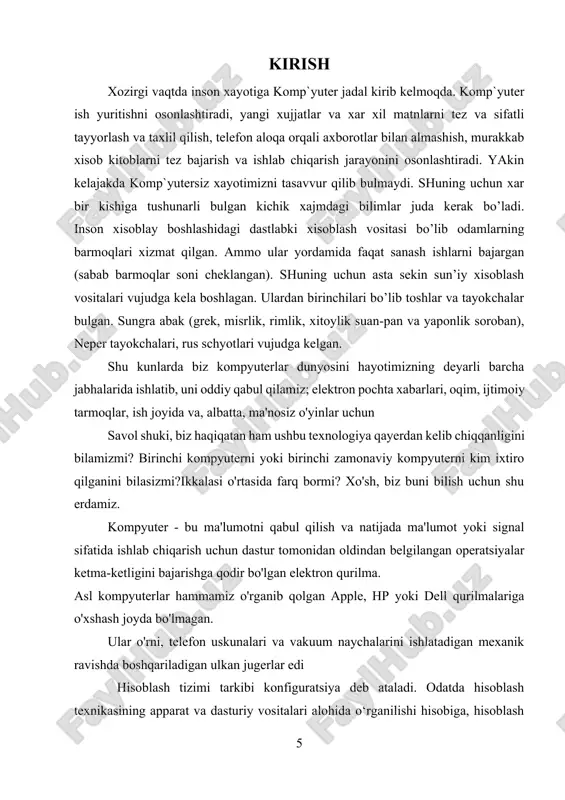 .lar paydo boʻldi. shaxsiy k. (mikro va-mikro ehm) tushunchasi 20-asr 70-yillar oxiridan boshlab keng tarqala boshladi. shaxsiy k.ning keyingi avlodlarida mikroelektron va biosxemalardan foydalanildi; ularning hajmi kitob kattaligidek hajmgacha kichraydi, massasi esa 3,5 kg gacha kamaydi. 1981-yil ibm (ay-bi-em) firmasi shaxsiy k.ning yanada takomillashgan modellarini ishlab chiqara boshladi. keyinchalik boshqa firmalar ibm bilan pc biriktirilgan k.ni, apple firmasi esa macintosh ("makintosh") yoki oddiygina "maki" deb ataladigan k. ni yaratishdi. 21-asr boshlarida dunyoda oʻnlab mln. shaxsiy k.lar, 1 mln.ga yaqin ehm (shu jumladan, bir necha oʻn superehm) boʻlgan. k.lar masalalarni yechishda foydalaniladigan komponentlar (tarkibiy qismlar) tarkibi va tavsifi jihatdan bir-biridan farq qiladi. murakkab masalalarni yechishda kuchli qurilmalar oʻrnatilgan k.dan, xujjatlarni bosishda harf bosish qurilmasi boʻlgan k.dan foydalaniladi. istalgan k. tizimlar bloki, monitor va klaviaturadan iborat boʻladi. kerak boʻlganda bulardan tashqari boshqa qurilmalar ham ulanadi. tizimlar bloki da k.ning ishlashi uchun zarur muhim qismlar (diskni yuritkich, vinchester — qattiq disk, mantiqiy amallarni …
