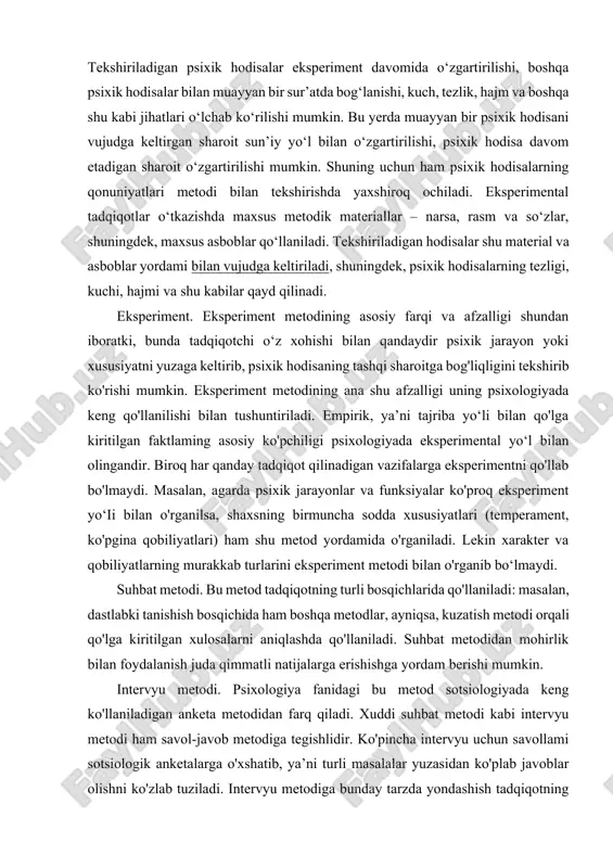 iroq bo'ladi), balki o'rganilayotgan xususiyatlarning ifodalanishini miqdoriy baholash tarzida, ya’ni u yoki bu xususiyat yoki xulq-atvor elementlari darajalarini baholash tarzida o‘tkazilsa maqsadga muvofiq bomadi. ekspertlar umumlashtirish bilan bogmiq bommagan xulq-atvor clcmcntiarining ancha-muncha mayda qismlari ifodalanganligini qayd qilishi lozim. umumlashtirish — ekspertning emas, balki tadqiqotchining ishidir. o ‘z-o‘zini kuzatish metodi xyiii-xix asrlar empirik psixologiyasi tomonidan kamsitilgan bu metod so‘nggi yillarda yana ma'lum ahamiyatga ega bomib bormoqda. chunonchi, suhbat va savol-javob metodlarini o‘z-o‘zini kuzatish metodi orqali olingan ma’lumotlarsiz qomlab bommaydi. buni suhbat va shaxsiy savoljuvob o'tkazish uchun suvollar tuzishda hisobga olish zarur. lekin o '7.-o‘zini ku/atish, garchi psixologik tadqiqotlarning asosiy metodi bominiisa-dn, mustaqil ahamiyatga ega bomishi mumkin. 0 ‘z-o‘zini ku/atish metodi psixik holatlarni, ya’ni tetik kayfiyatni, achchiqinnishni, ishchanlikni, kasb bilan bog'liq bo'lgan sermahsul ishlami o'rganishda ayniqsa foydali bo'lishi mumkin. testlar metodi. testlar, ozmi yoki ko'pmi standartlashtirilgan (bir xillashtirilgan) shaxs xususiyatlarini qisqa muddatli sinash usullaridir. yaxshi asoslangan test - bu oldindan o'tkazilgan katta …